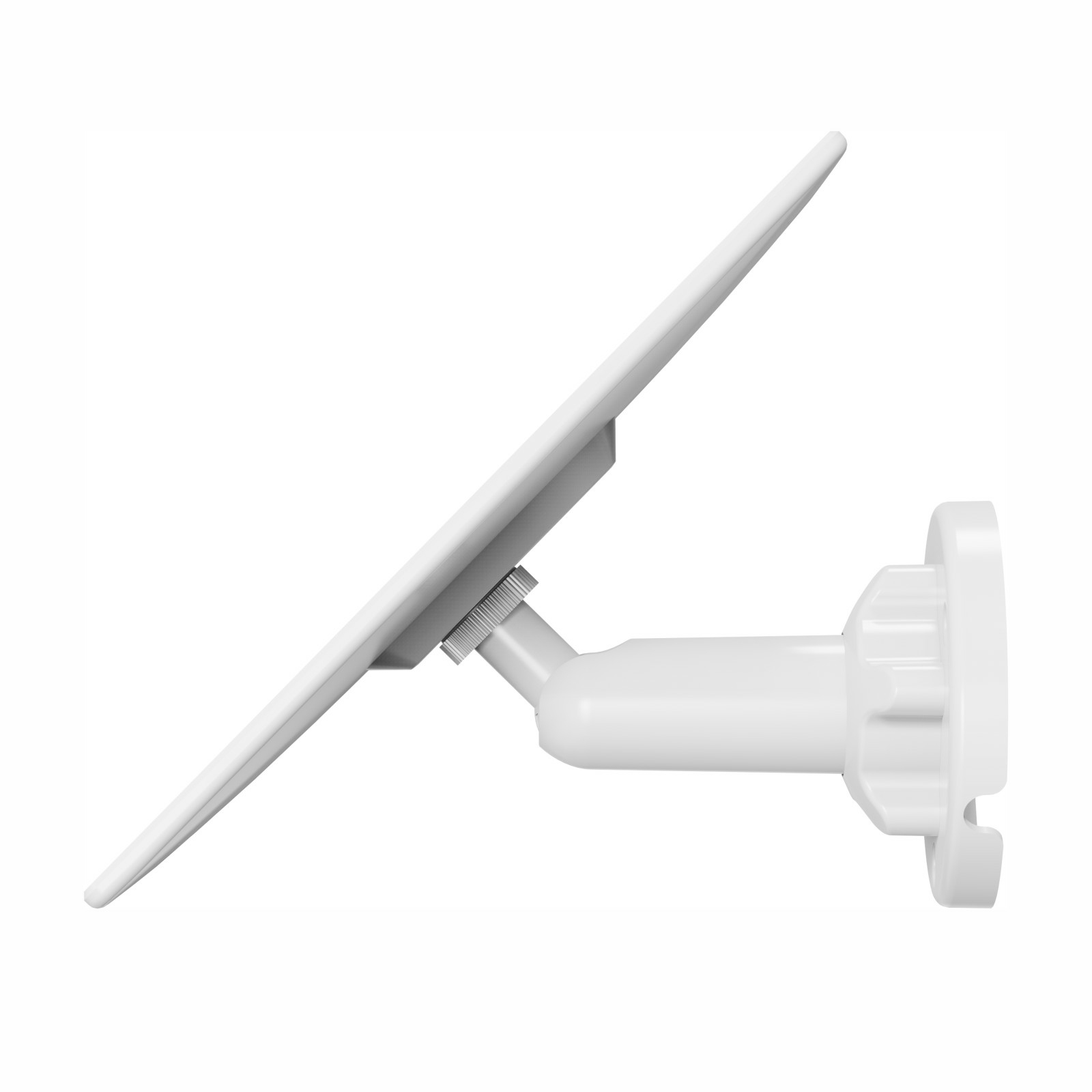 Biały monitor w widoku z profilu z regulowanym stojakiem, na białym tle.