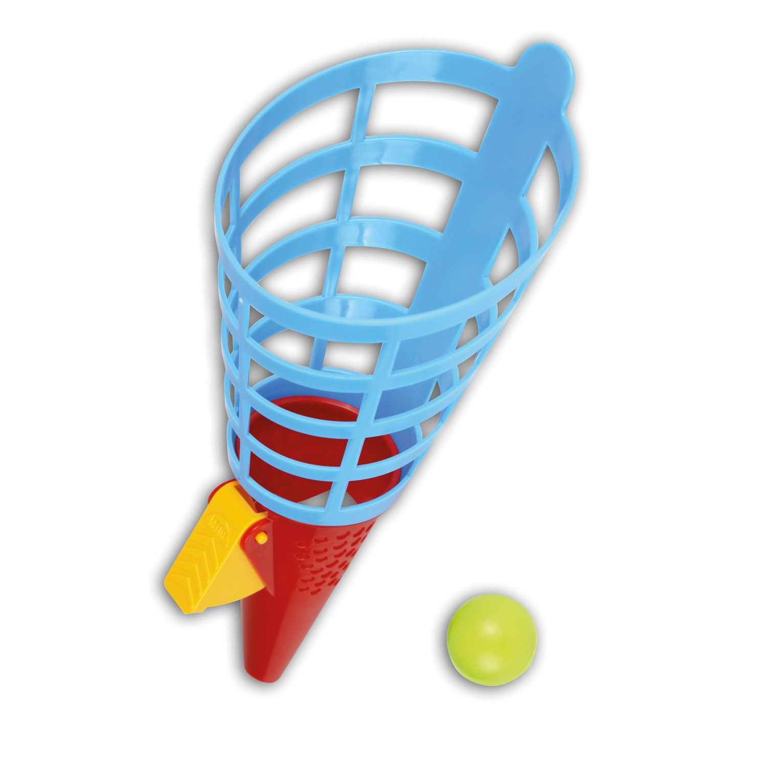 Un set di gioco con palla acchiappa-palla blu e rosso con una palla verde, su sfondo bianco.