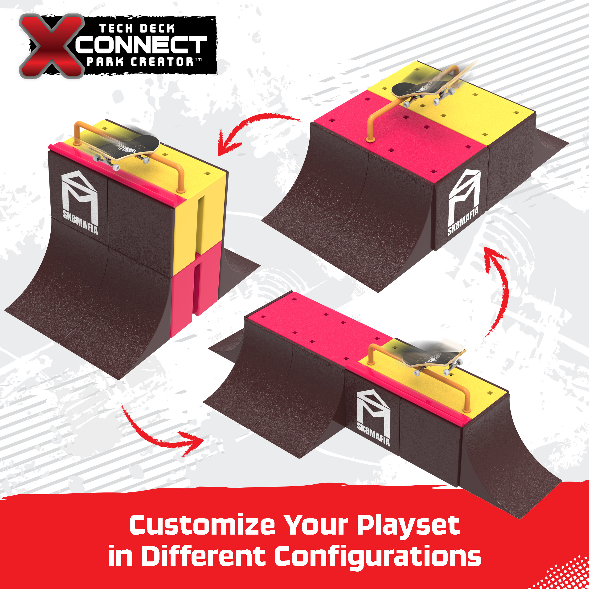 Juego Tech Deck Park Creator con tres configuraciones diferentes. Colores amarillo, rojo y marrón. Fondo blanco.