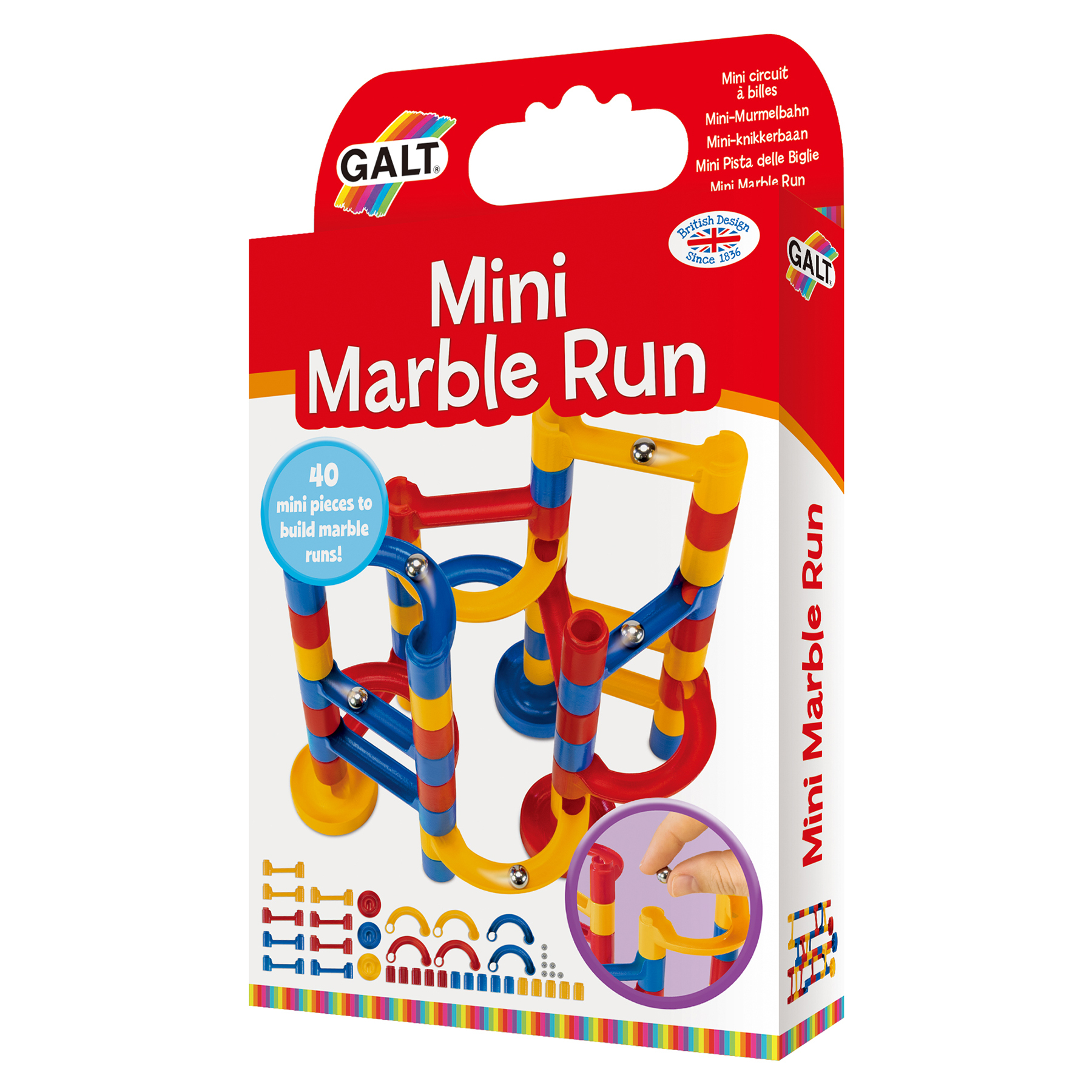 Pudełko z zabawką mini torem kulkowym z czerwonymi, żółtymi, niebieskimi i białymi elementami.