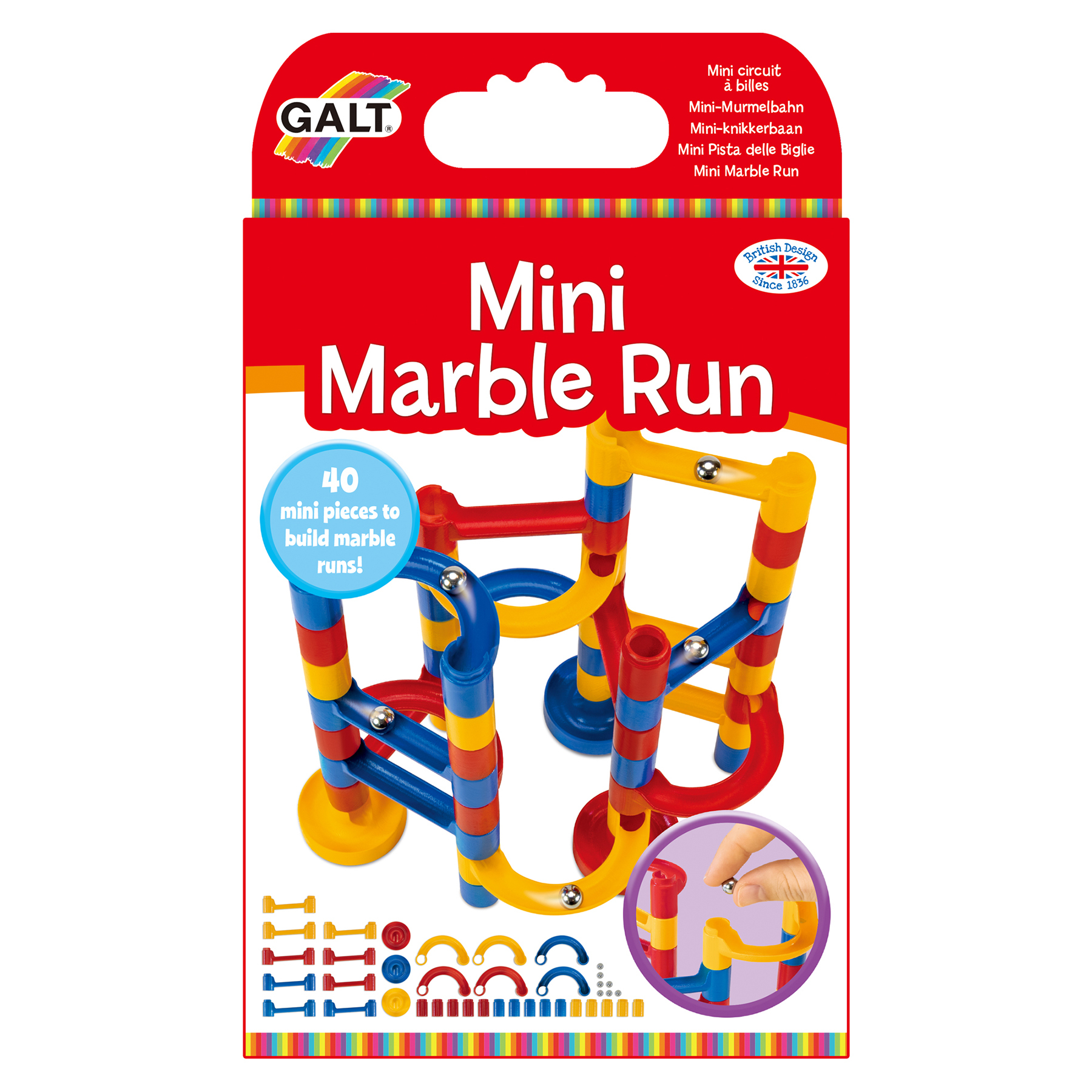 Pudełko GALT Mini Marble Run. Pudełko ma czerwone tło i pokazuje elementy toru dla kulek.