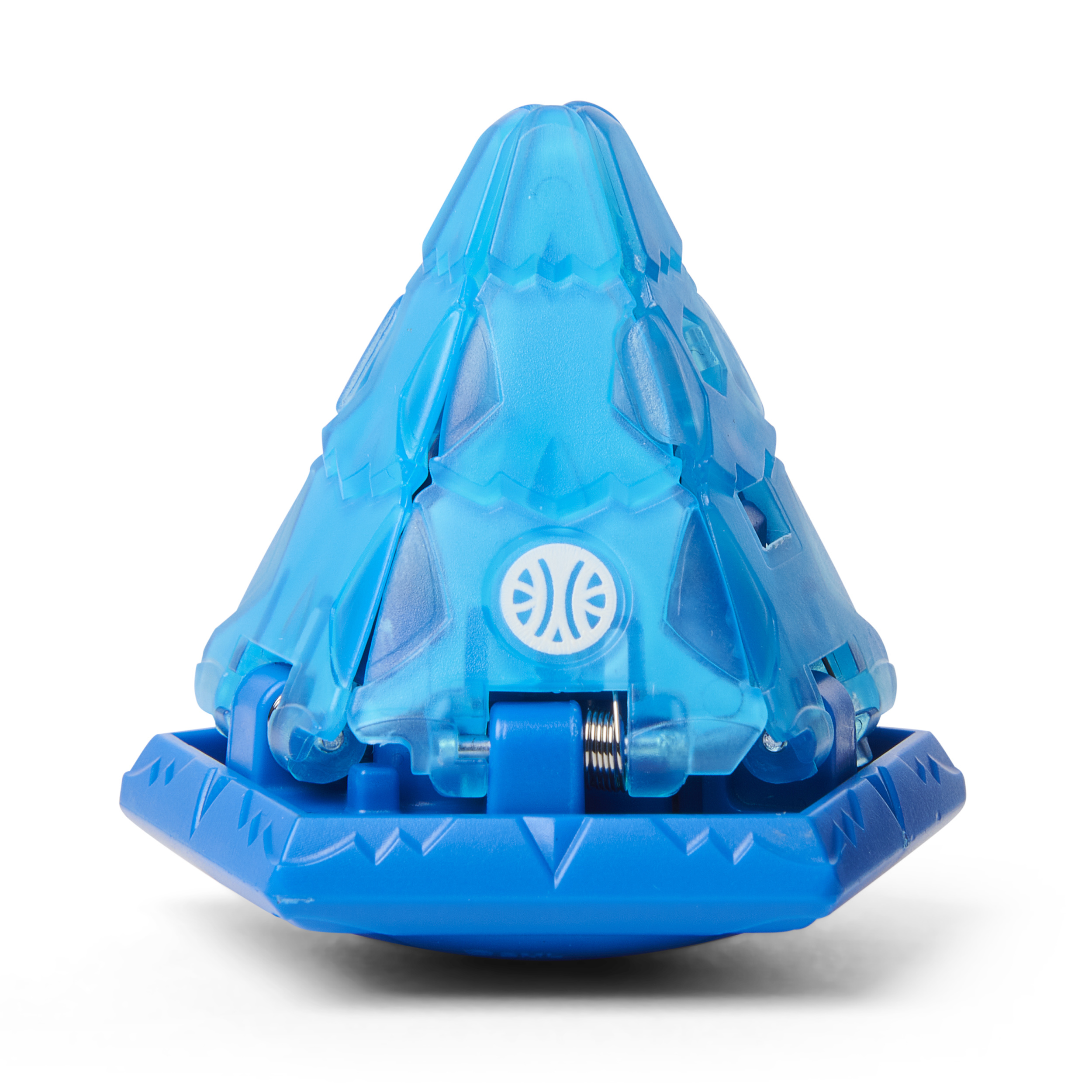 Niebieska i przezroczysta plastikowa zabawka. Przypomina kształt geometryczny z podstawą.