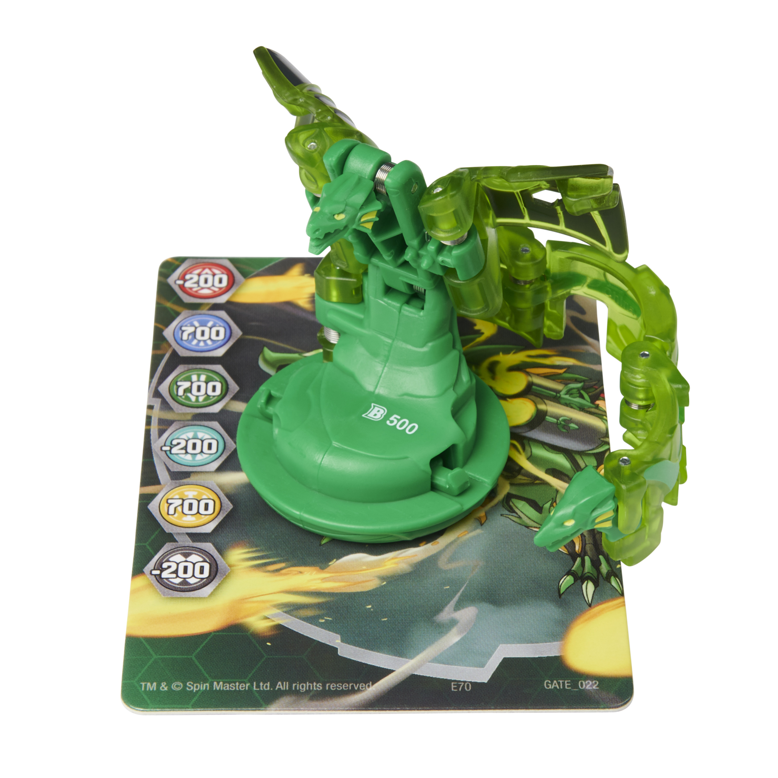 Zielona figurka Bakugan na karcie, na białym tle. Karta ma statystyki.