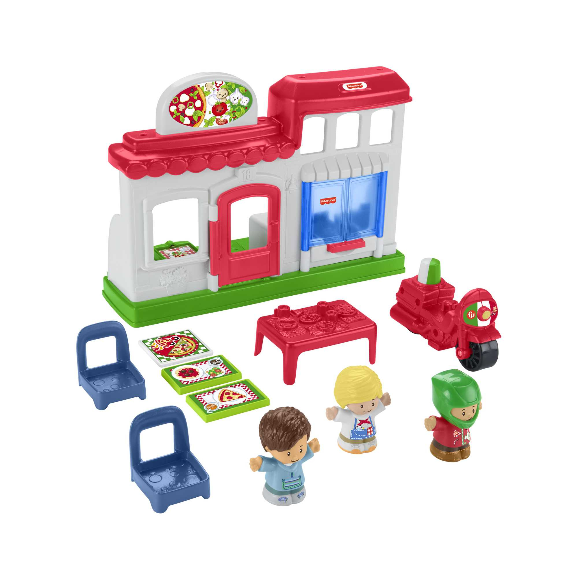Set pizzeria Fisher-Price con personaggi, accessori rossi e sfondo bianco.