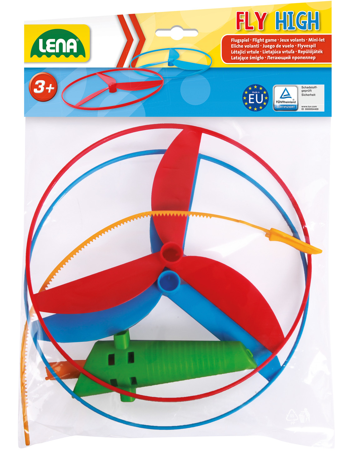 Una confezione di plastica trasparente di un giocattolo a disco volante. Contiene un disco rosso, blu e verde.