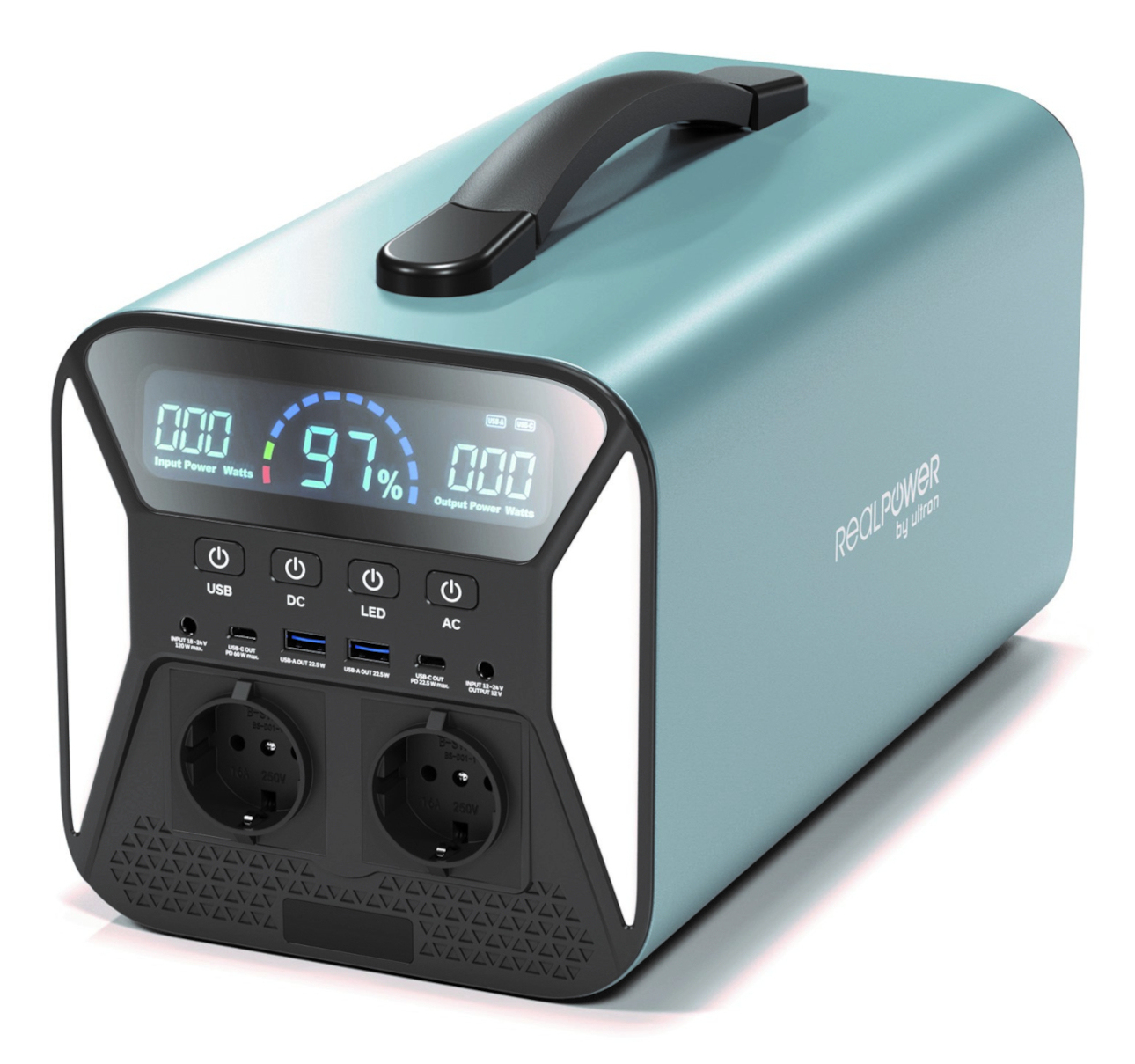 Niebiesko-czarna przenośna stacja zasilania. Posiada uchwyt, wyświetlacz i różne porty.