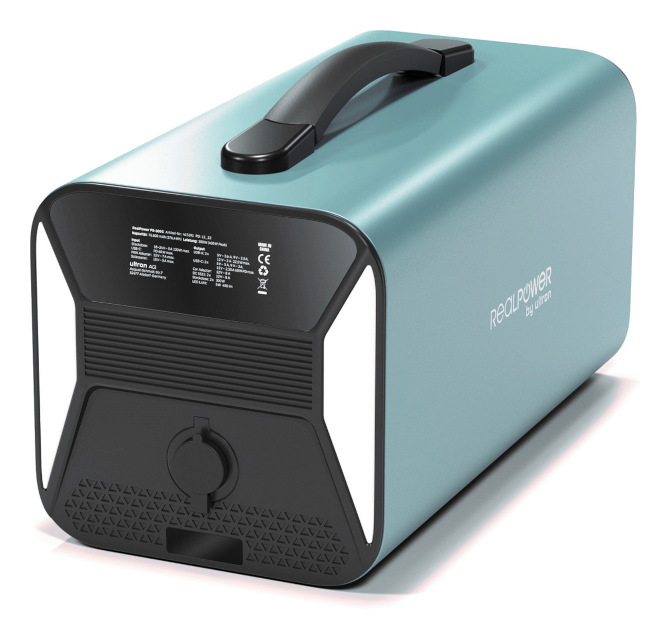 Niebiesko-czarna przenośna stacja zasilania z uchwytem i różnymi portami na białym tle.