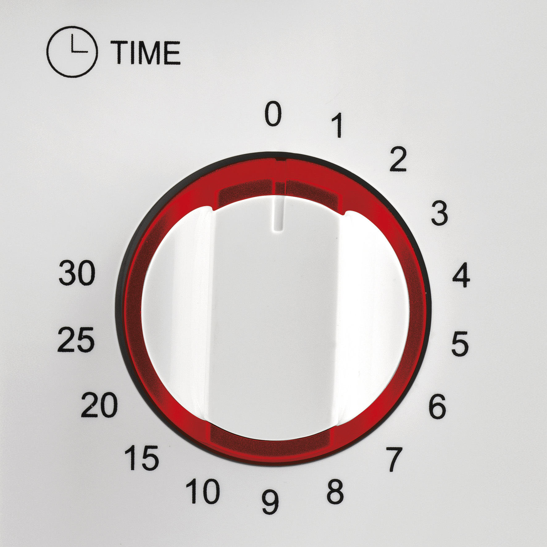 Een witte wijzerplaat met cijfers en een rode indicator voor het instellen van de tijd.