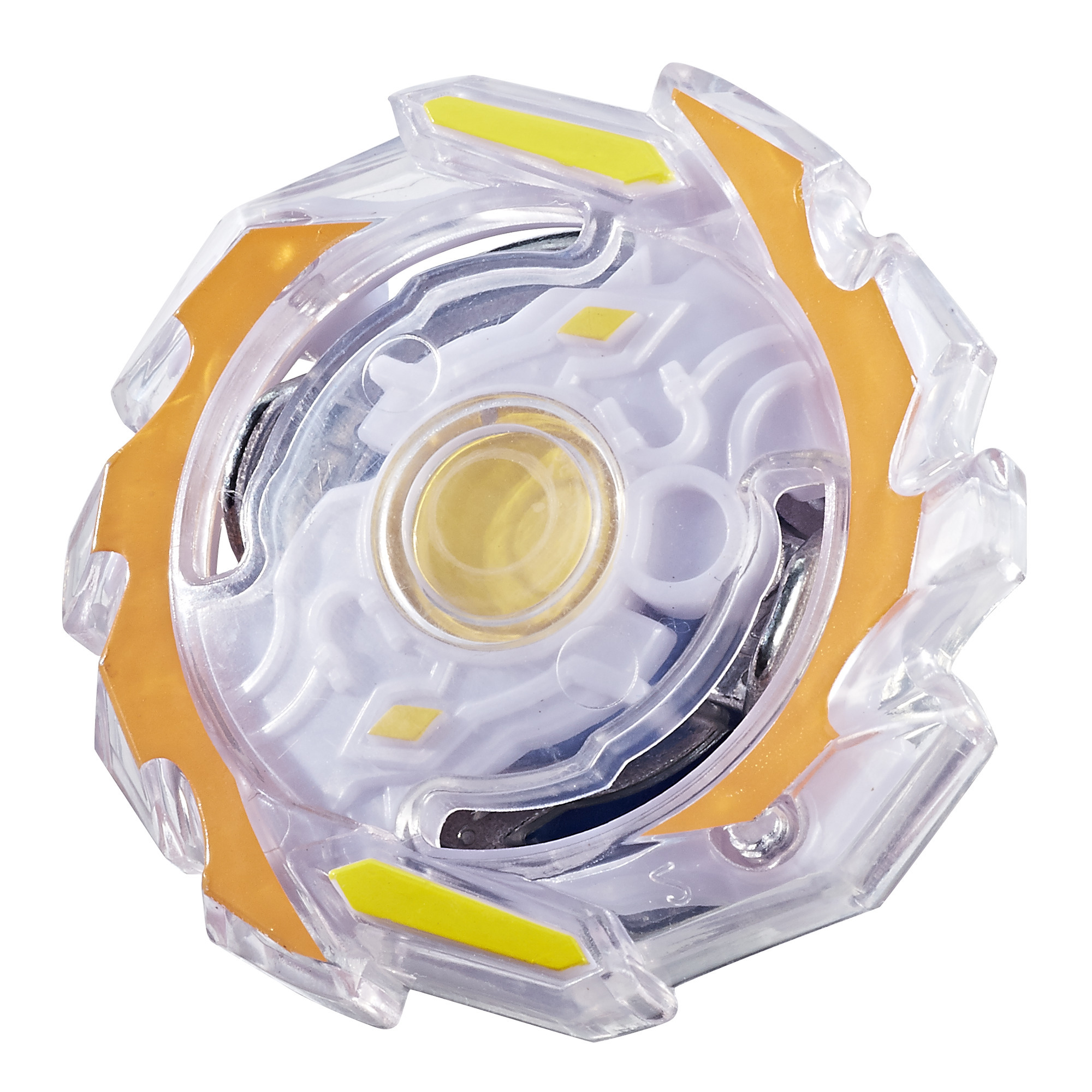 Giocattolo trasparente e arancione. Design circolare con accenti gialli. Costruzione in plastica. Centro bianco.