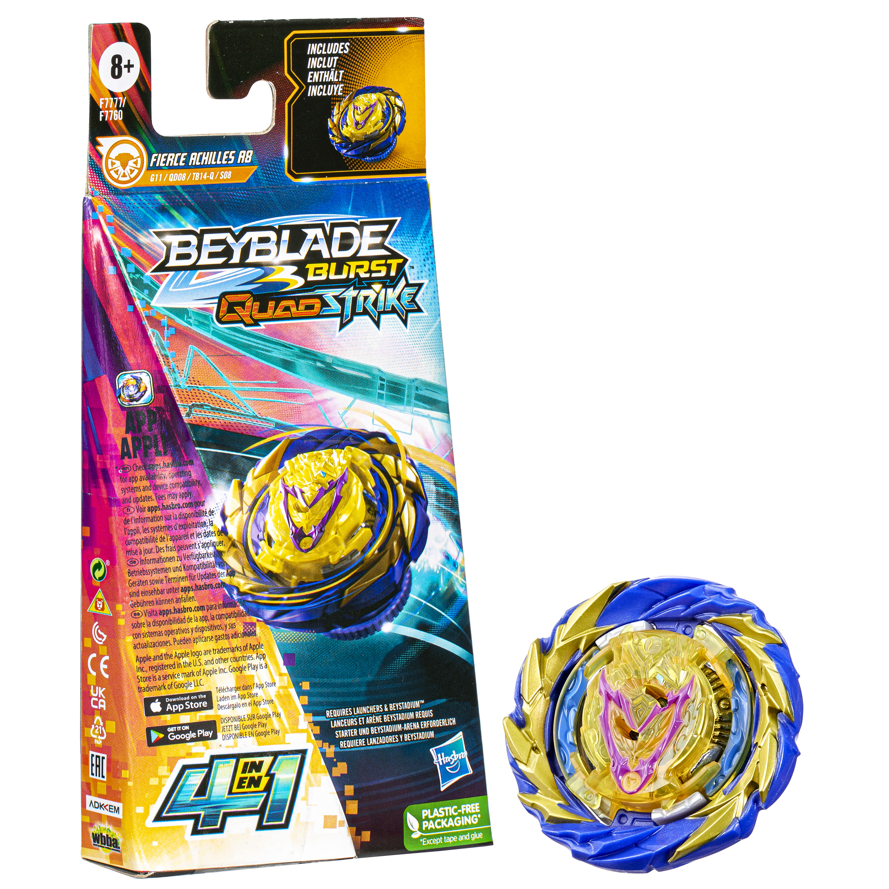Caja y Beyblade Beyblade Burst Quad-Strike. Diseño azul, amarillo y morado. Fondo blanco.