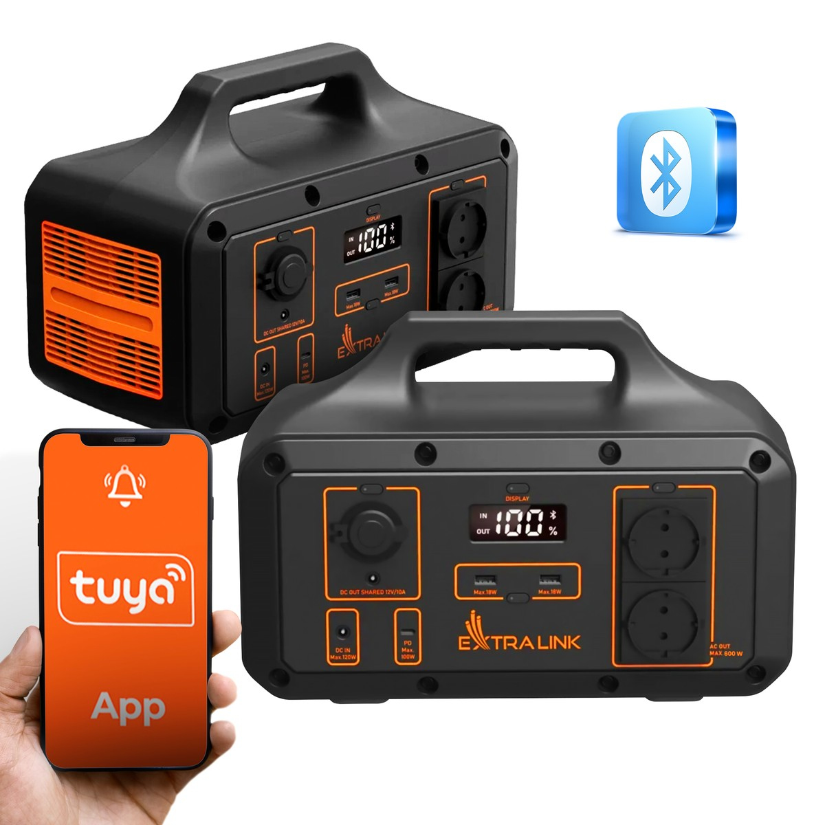 Dwie czarno-pomarańczowe elektrownie, ze smartfonem wyświetlającym aplikację Tuya i ikonę Bluetooth.