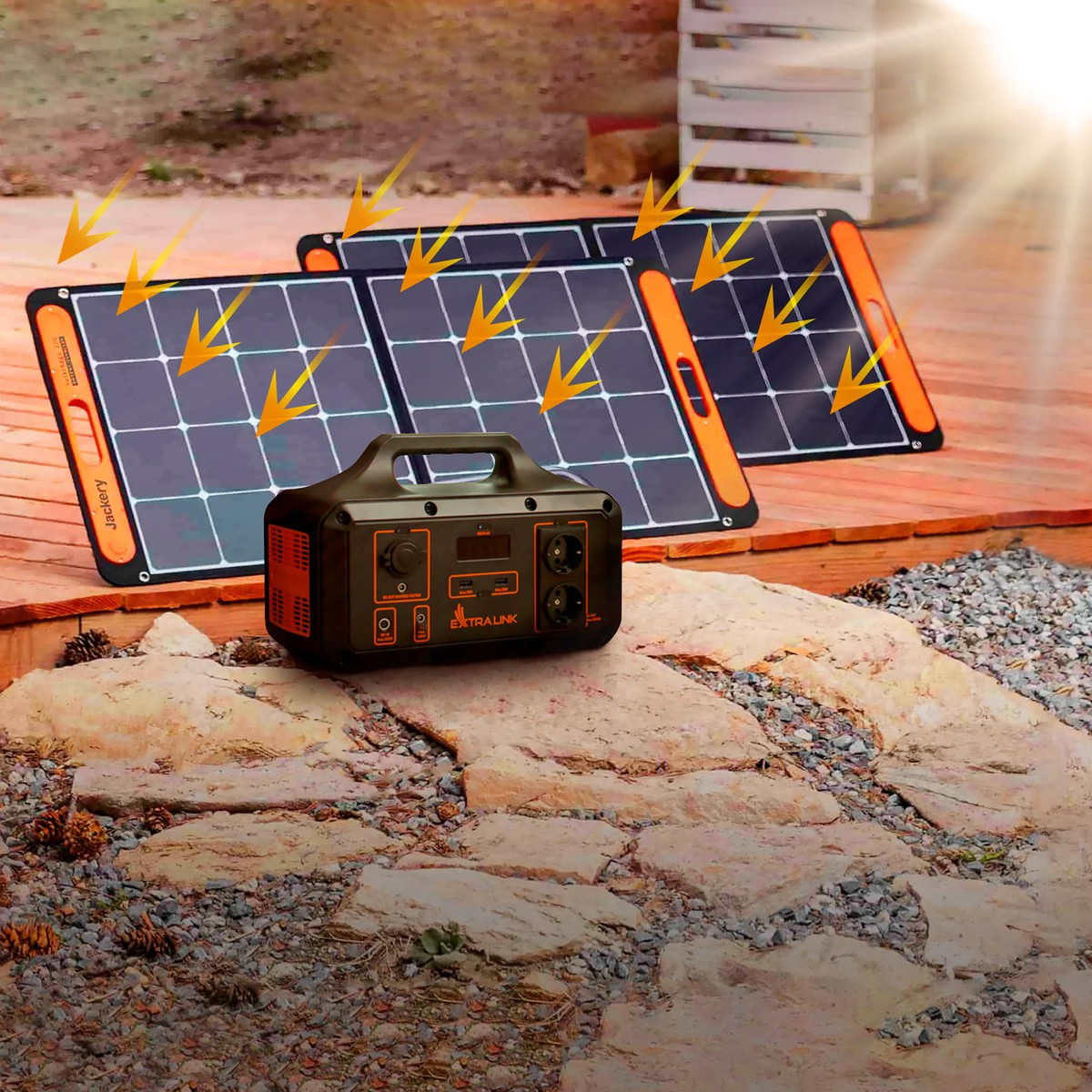 Panele słoneczne i stacja zasilania na drewnianym tarasie. Słoneczny dzień.