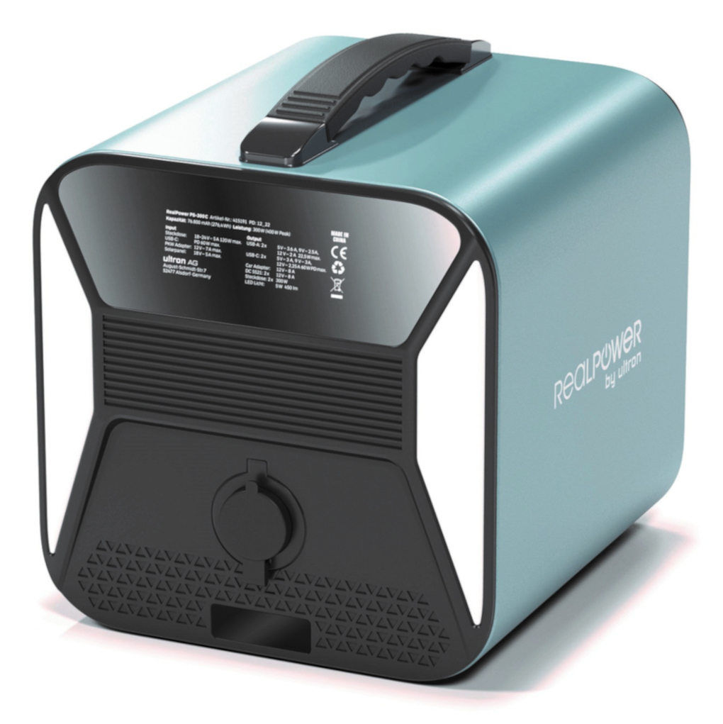 Niebieska elektrownia z czarnymi bokami i czarnym uchwytem. Ma napis 'realpower'.