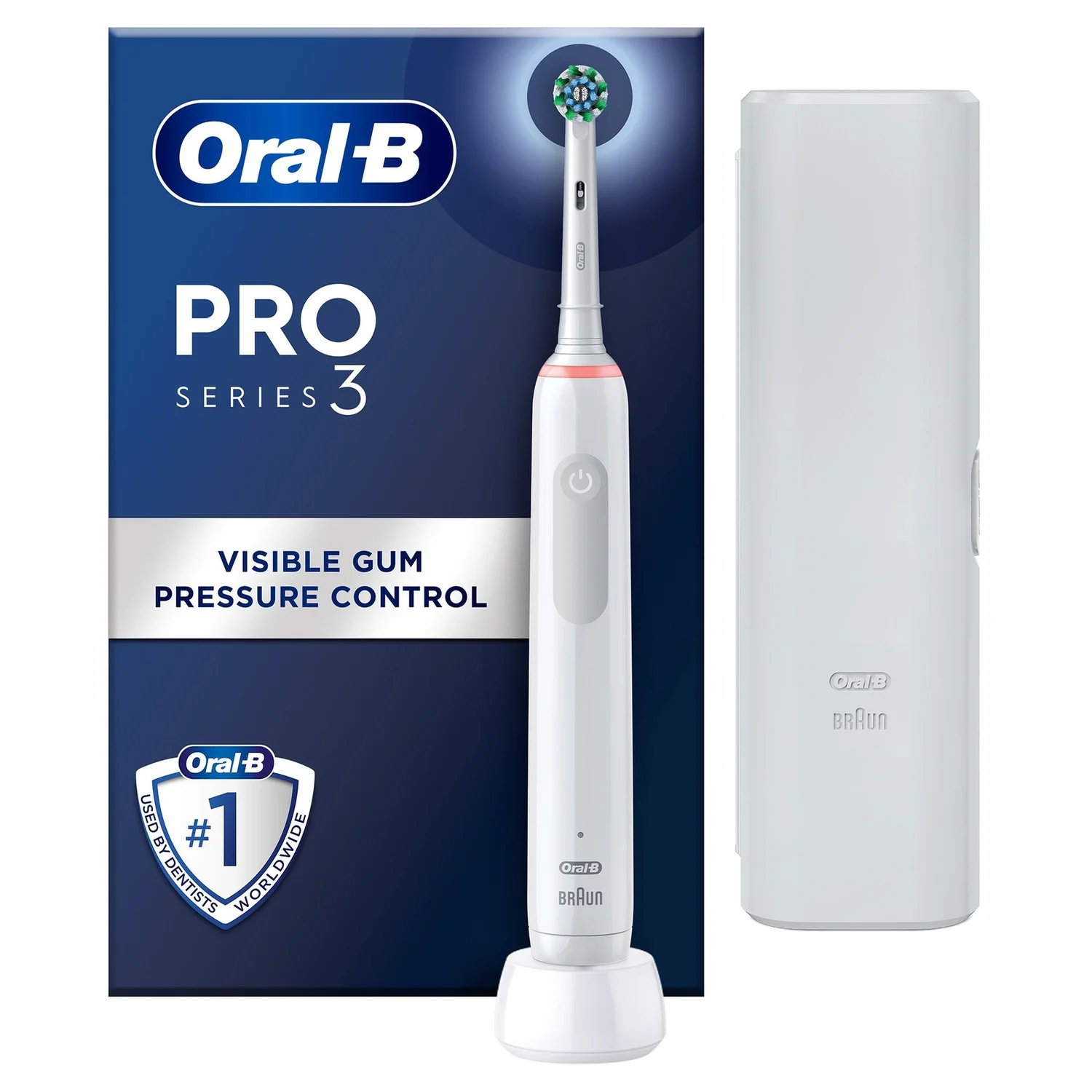 Szczoteczka elektryczna Oral-B Pro Series 3 z pudełkiem i podstawą ładującą po prawej stronie.