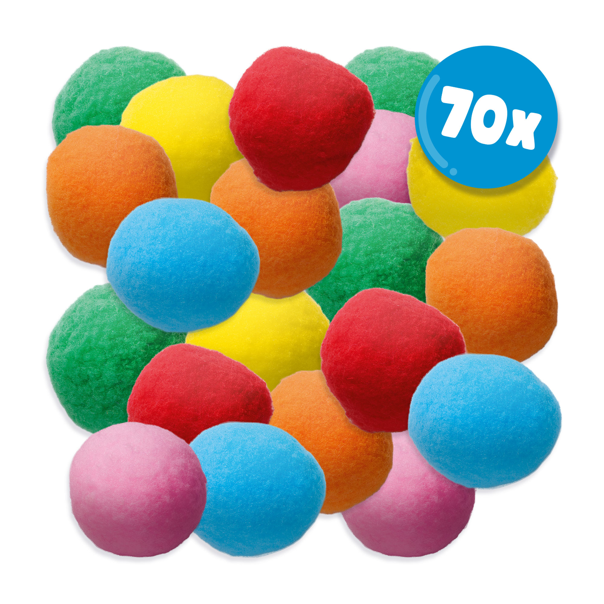 Un grupo de bolas de espuma coloridas, con un círculo azul con "70x" escrito.