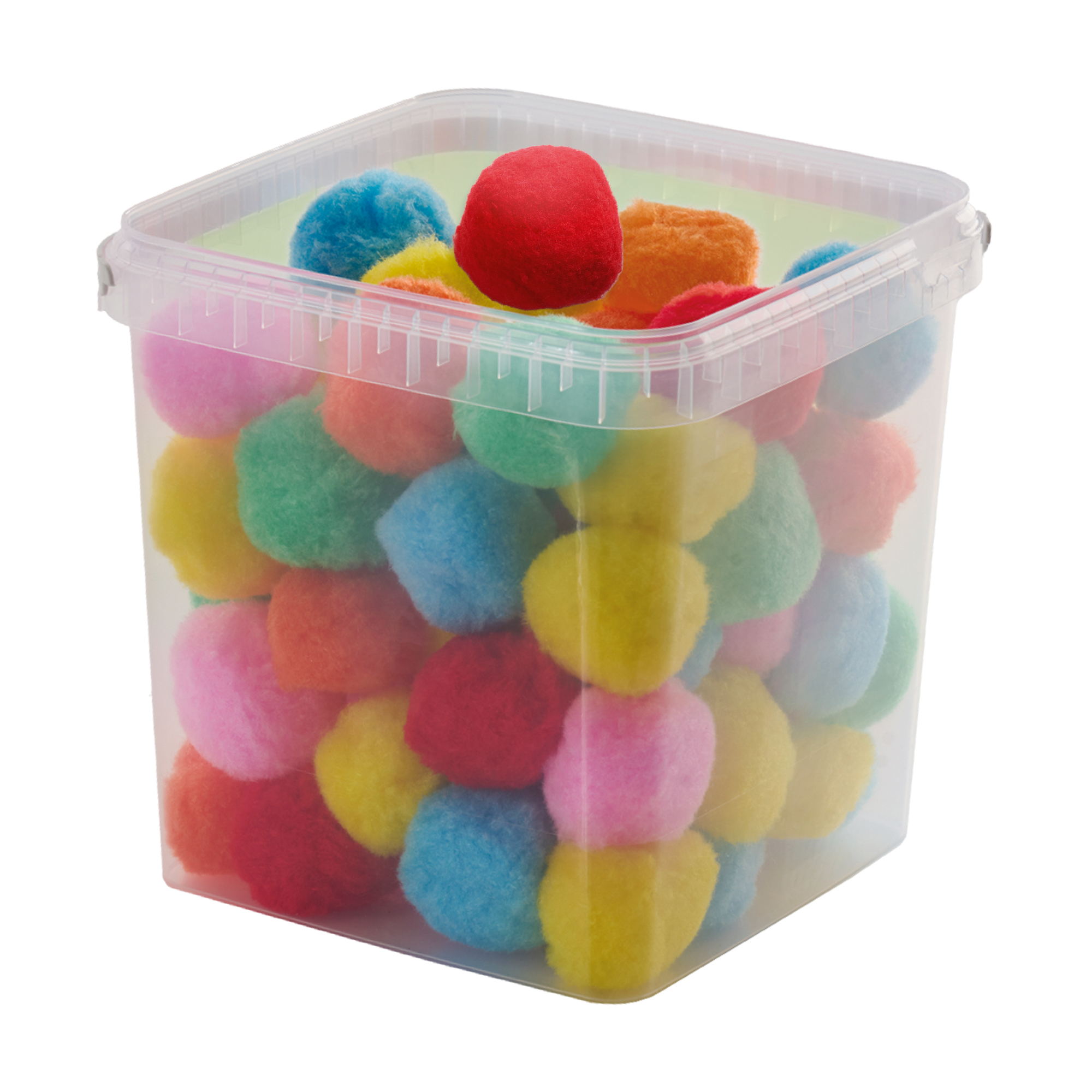 Un recipiente de plástico transparente lleno de pompones suaves y coloridos.