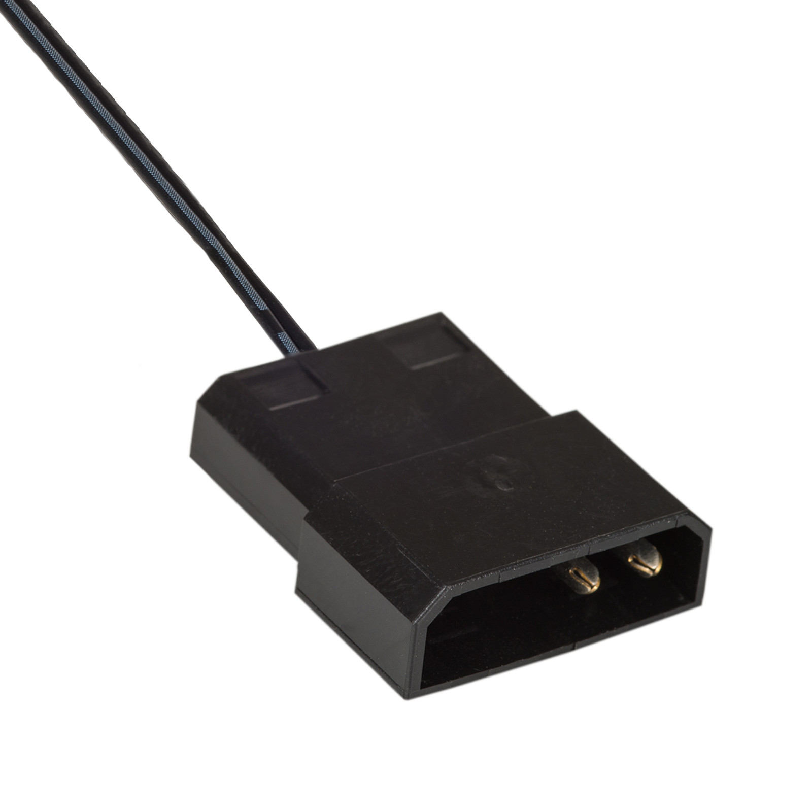 Czarny prostokątny konektor z dwoma pinami i kablem.