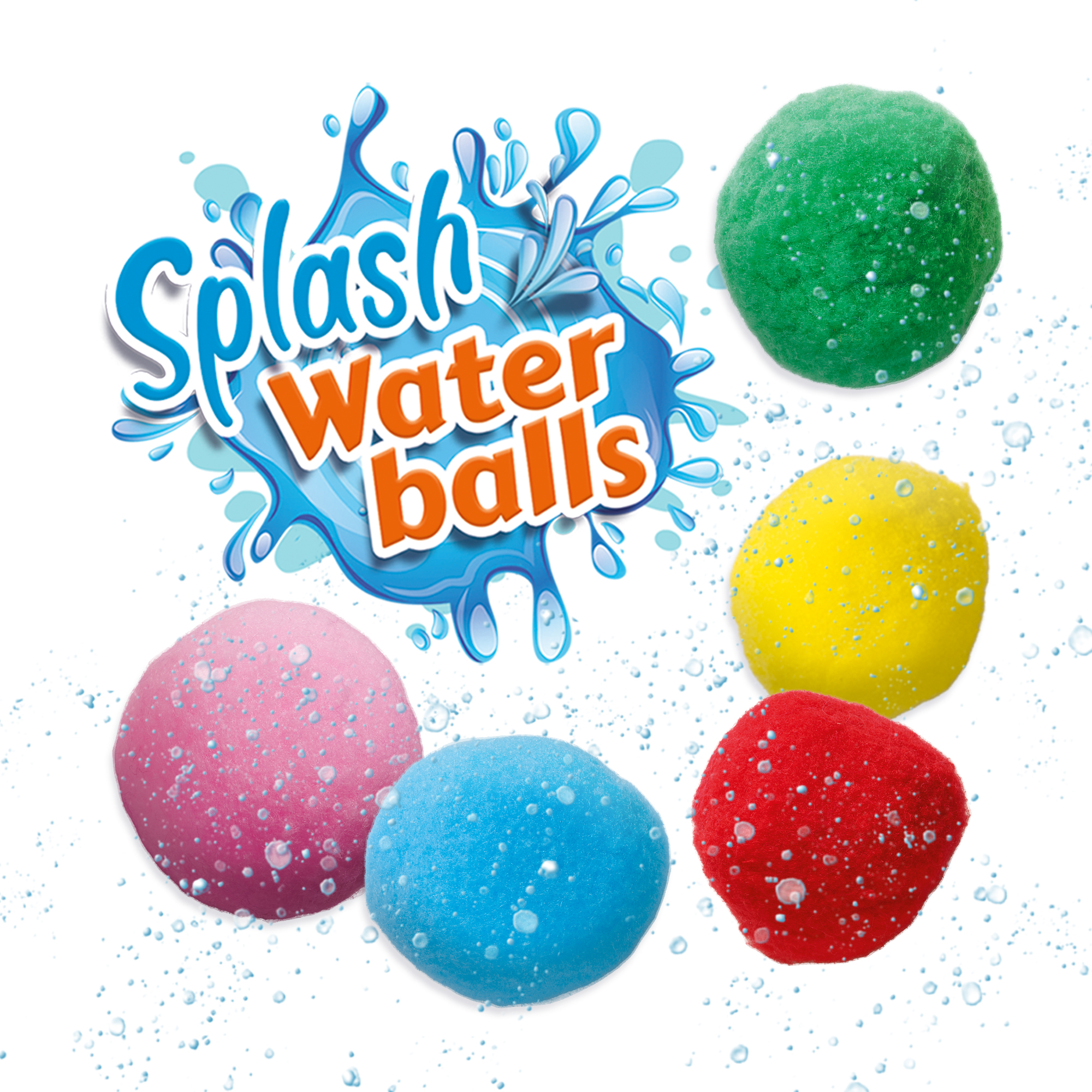 Varias bolas de agua coloridas, rosa, azul, verde, amarillo y rojo, con un logotipo de salpicaduras de agua.