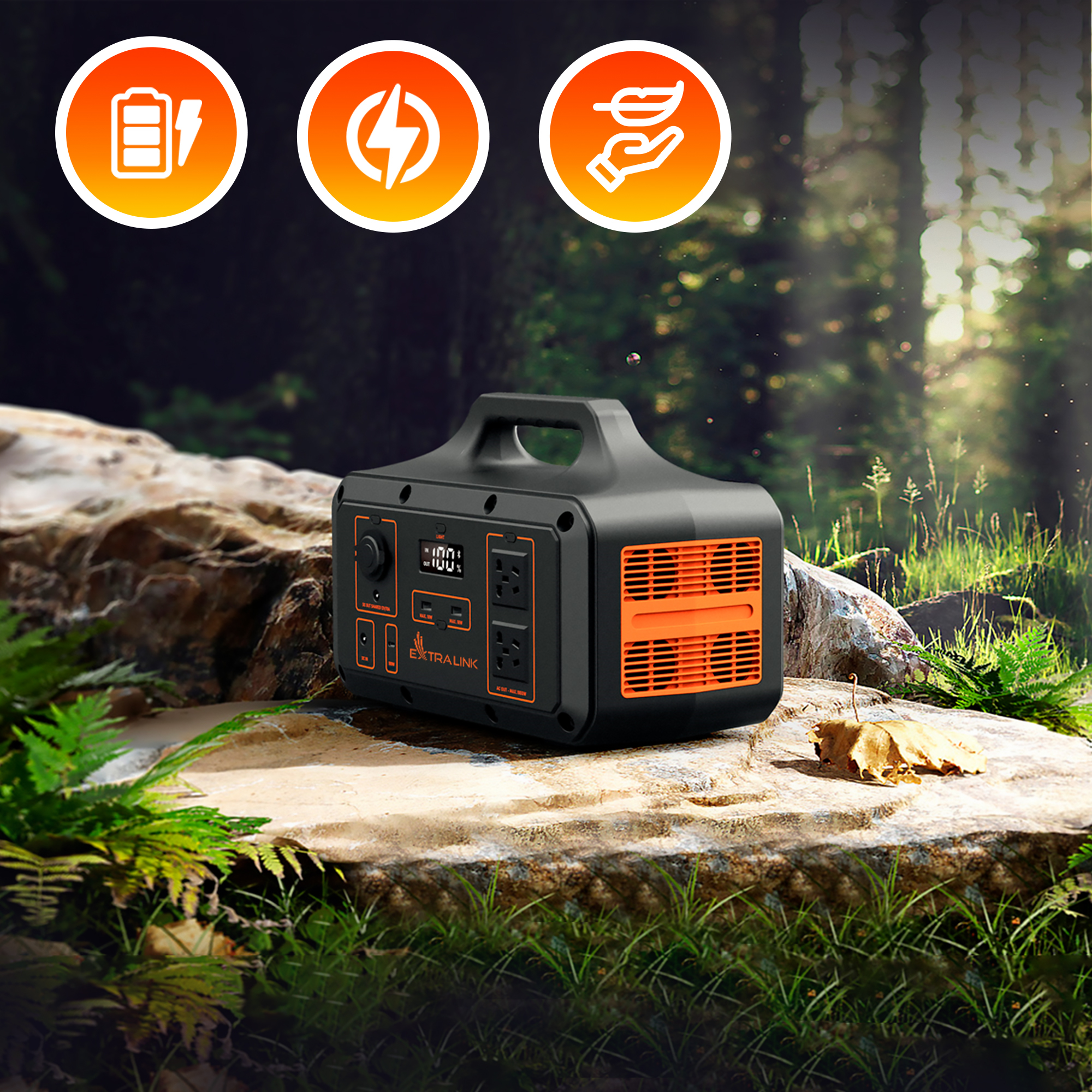 Czarno-pomarańczowa elektrownia w naturalnej scenerii z trzema ikonami powyżej.