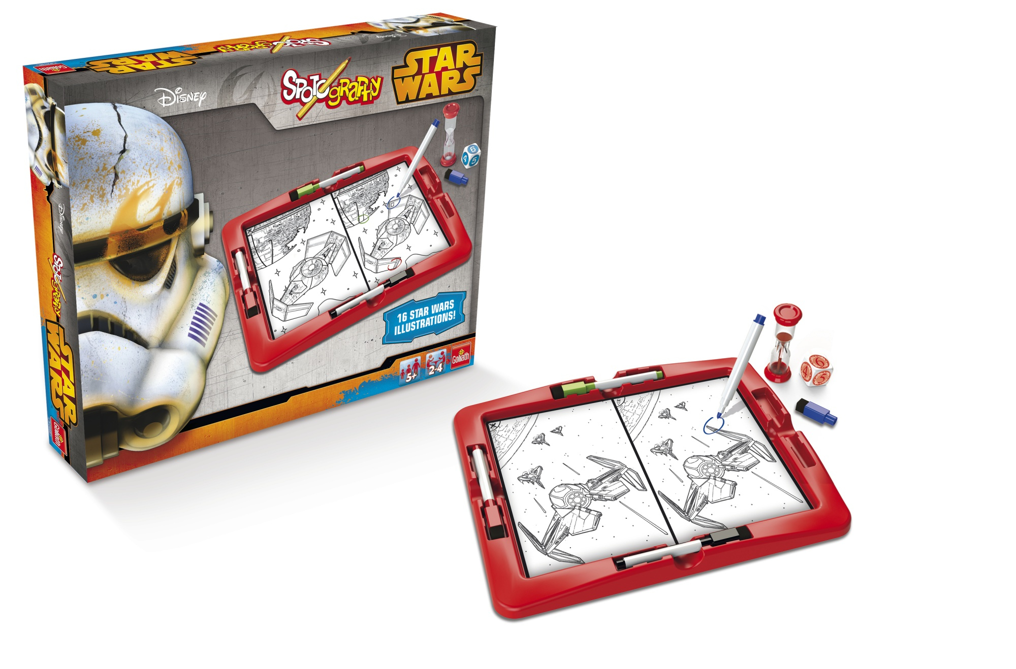 Caja del juego Star Wars Spot It! y un juego abierto con ilustraciones de Tie Fighters.