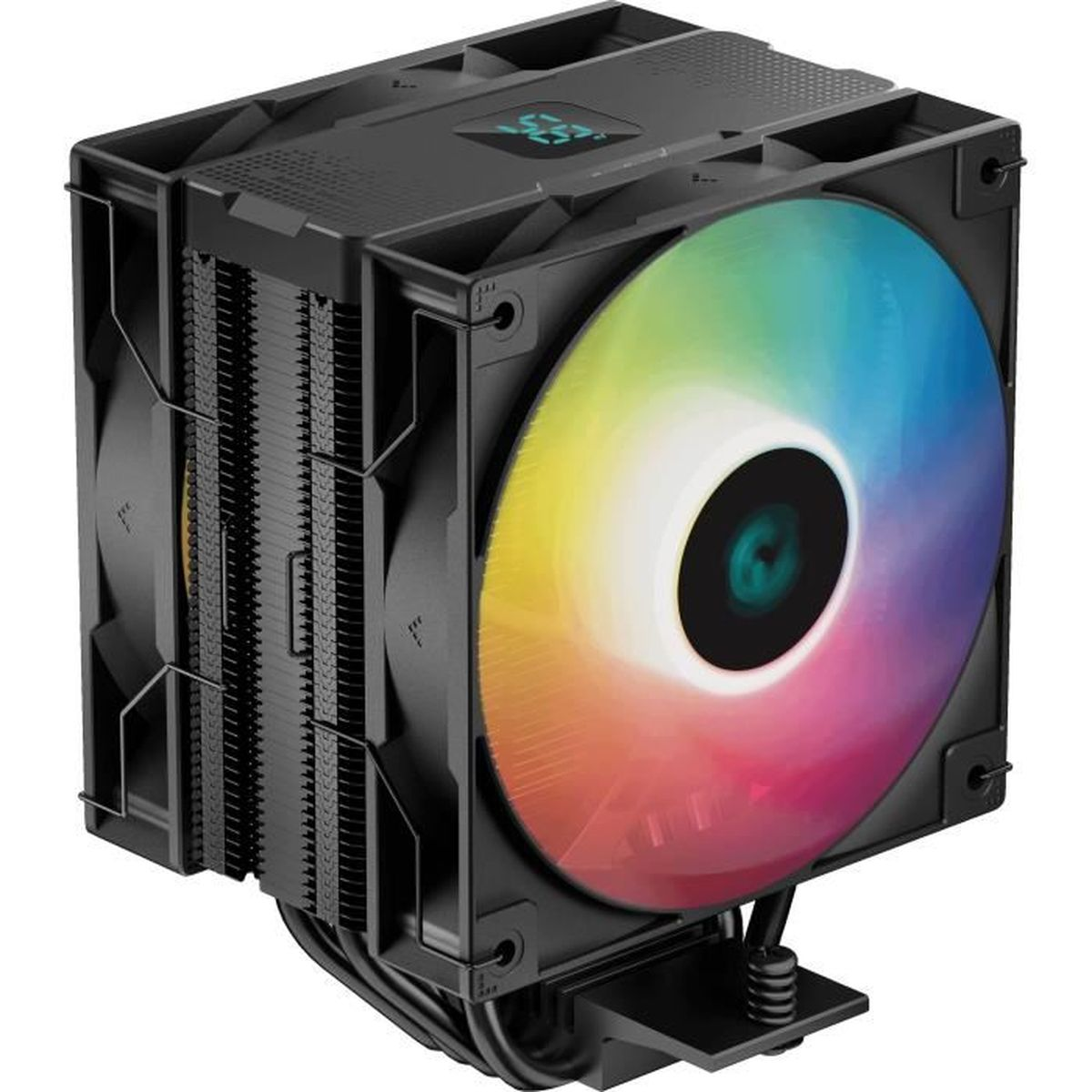 Czarny cooler do komputera z tęczowym wentylatorem. Ma wiele żeber chłodzących i skomplikowany design.