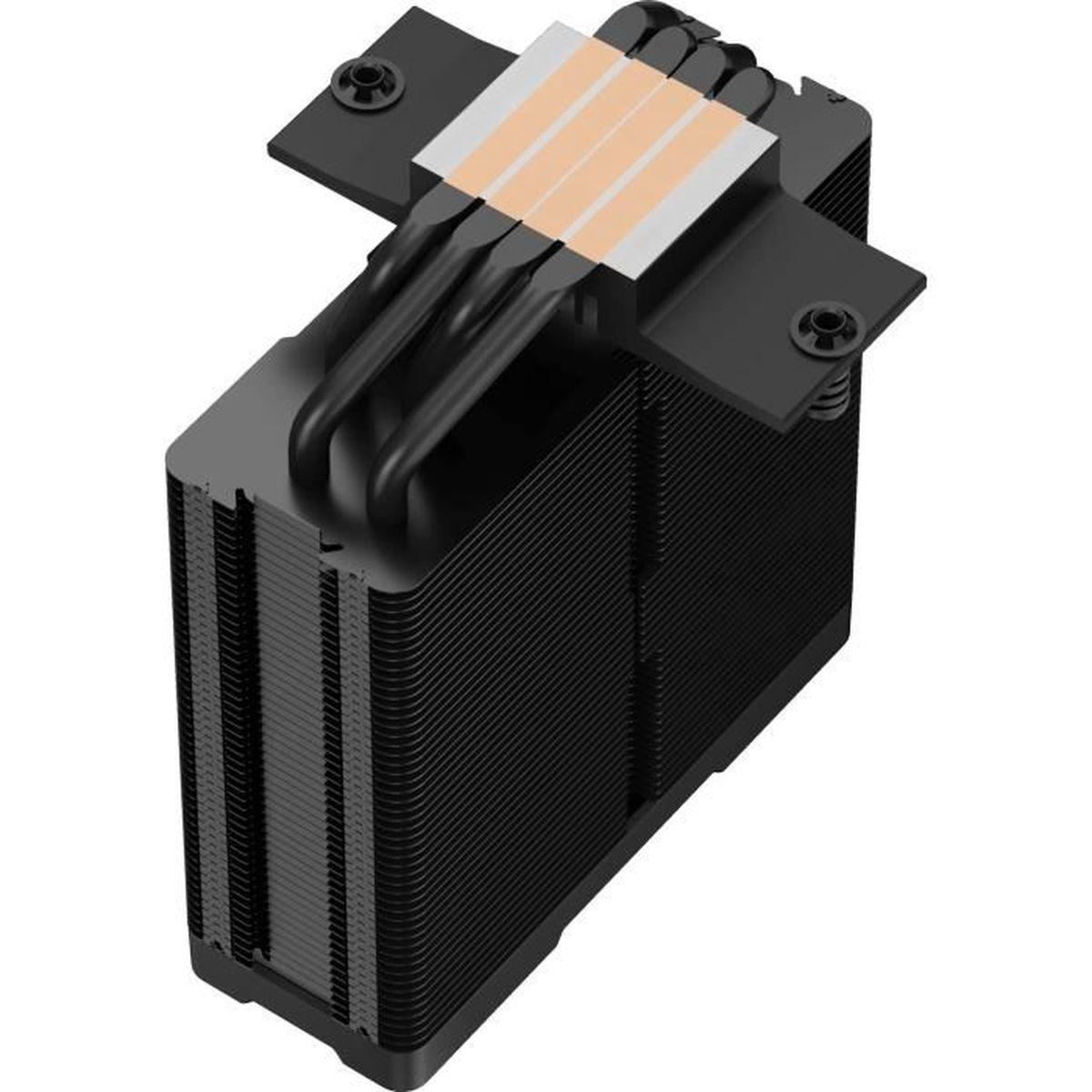 Czarny cooler CPU z wieloma finami i rurkami cieplnymi.
