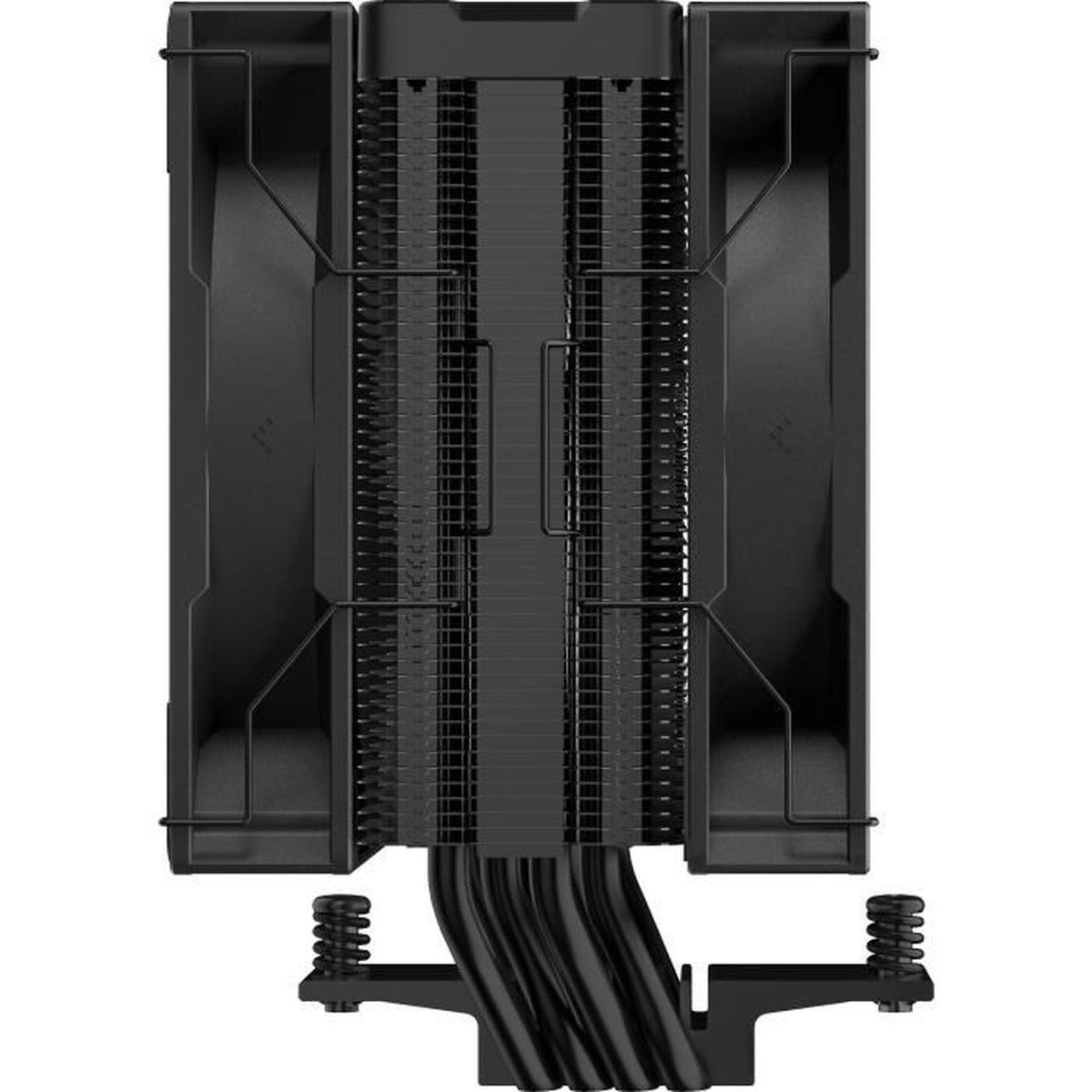 Czarny cooler CPU z wieloma żebrami i łopatkami wentylatora.
