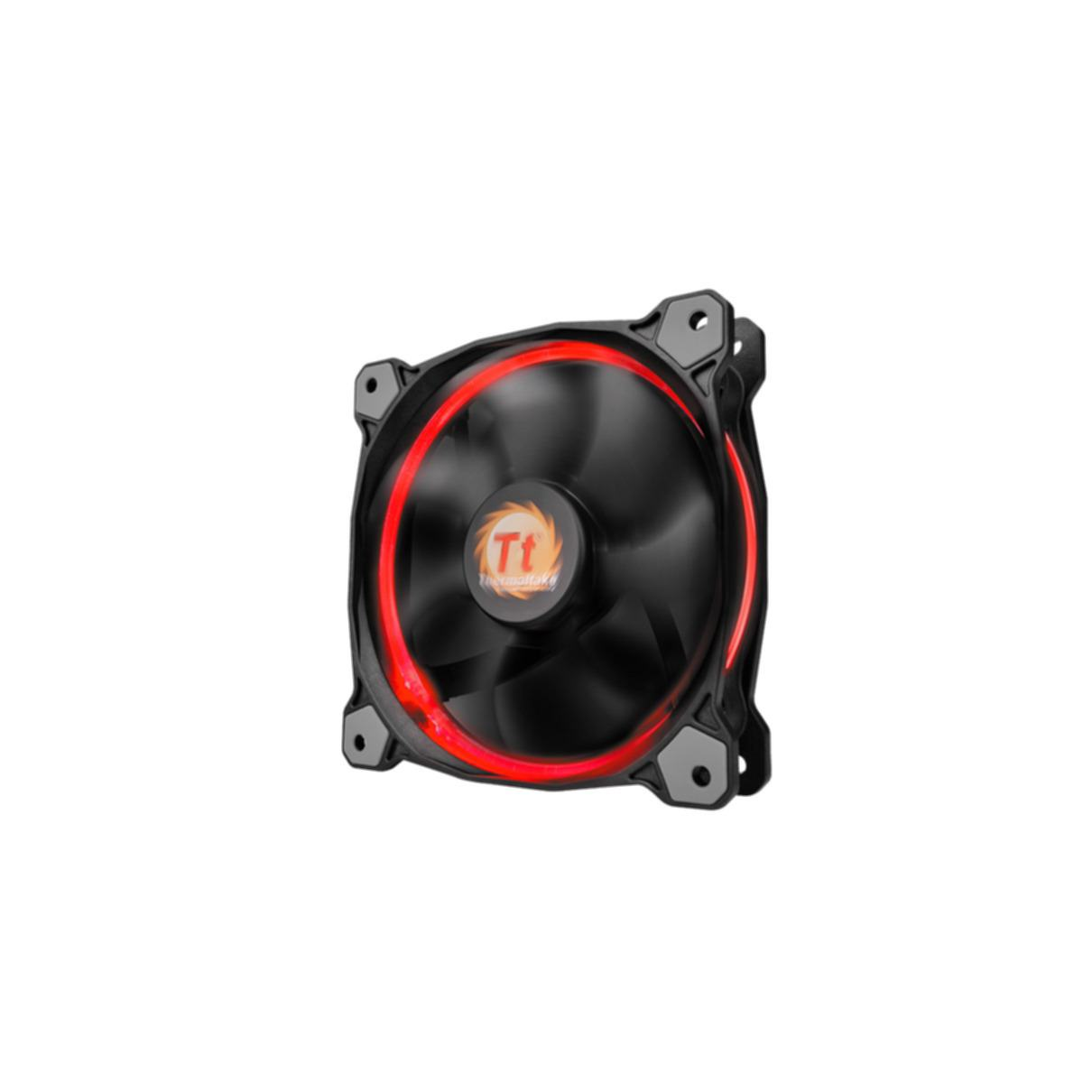 Un ventilateur d'ordinateur noir avec un anneau rouge brillant. Le ventilateur est sur fond blanc.