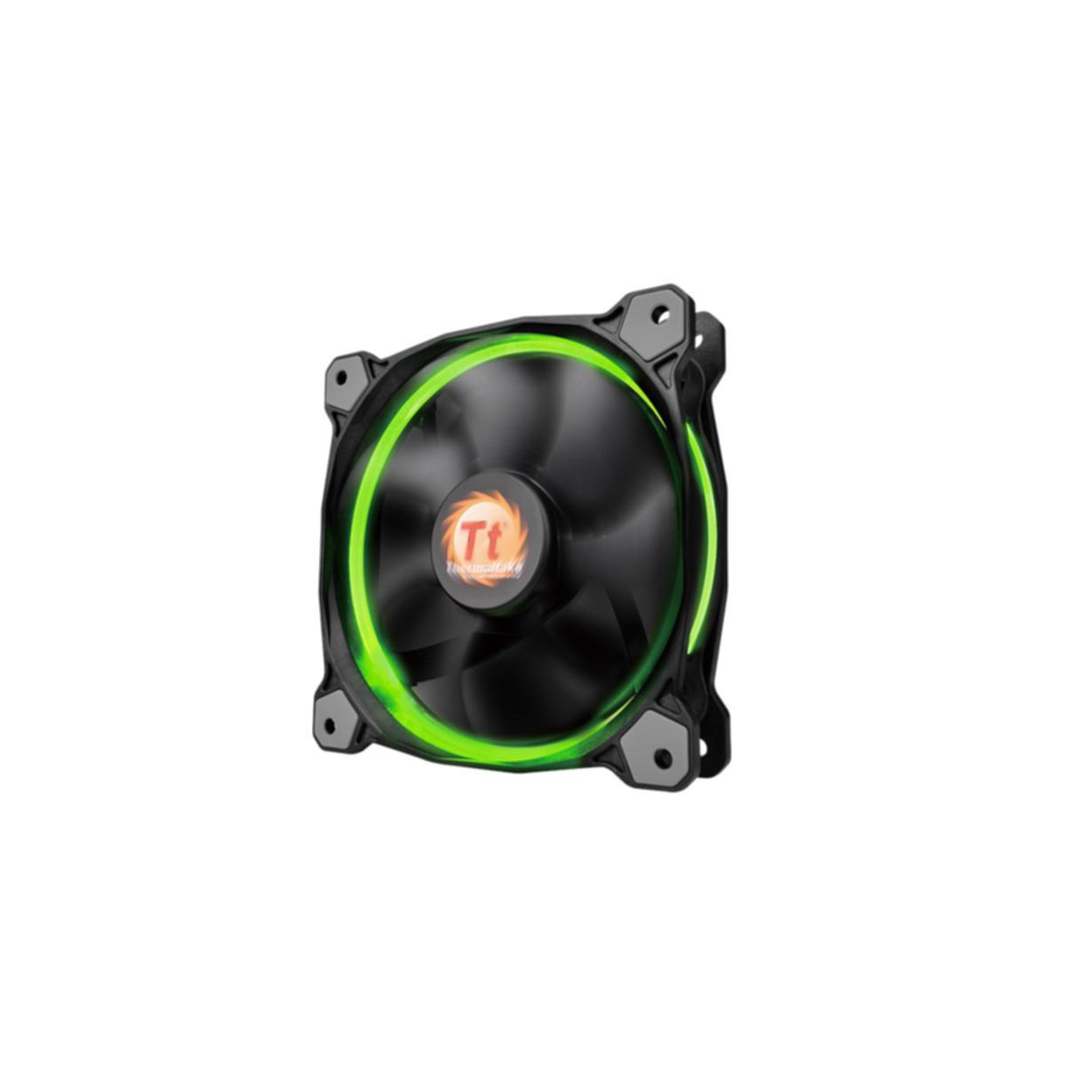 Un ventilateur d'ordinateur noir avec des lumières LED vertes autour des pales et le logo TT au centre.