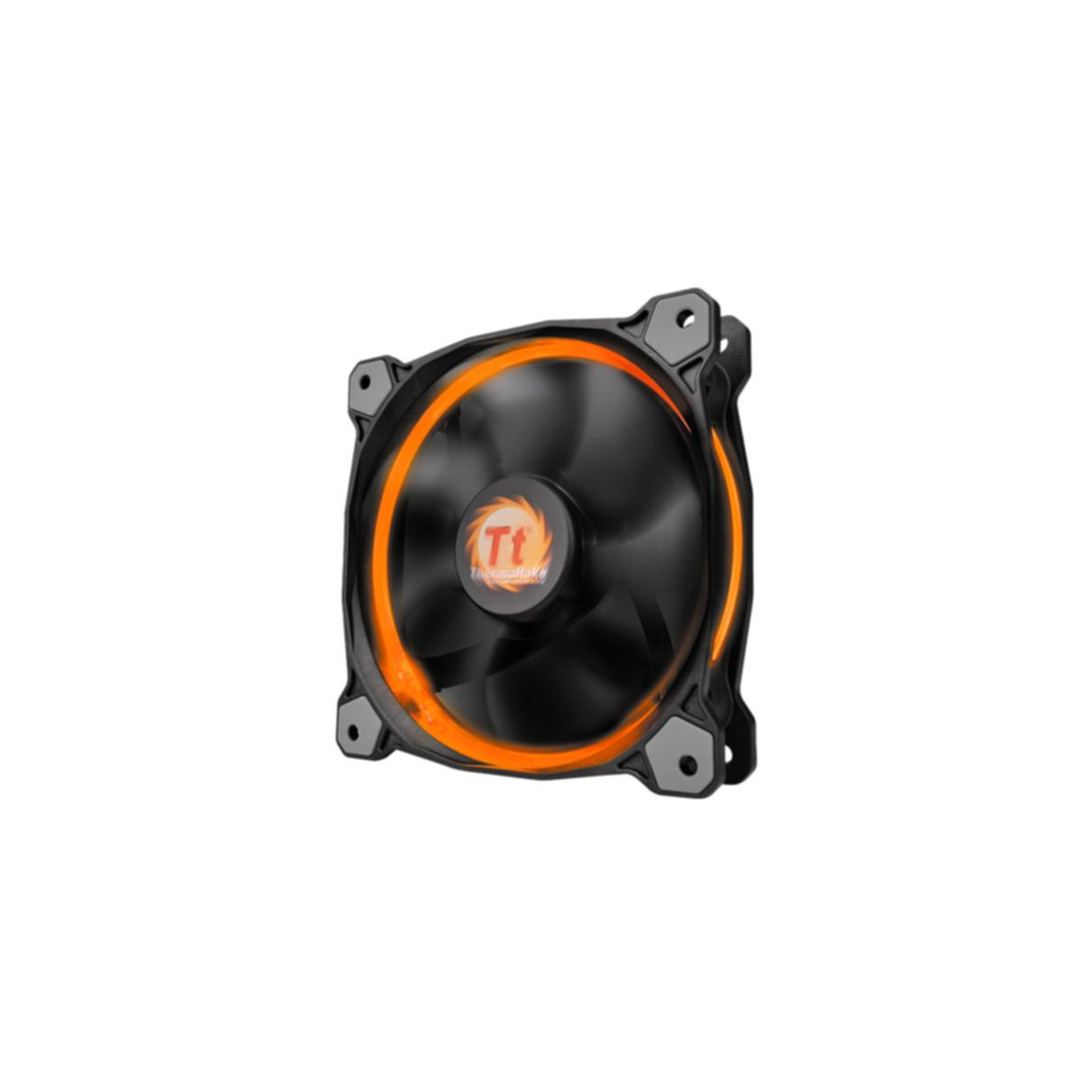 Ventilateur d'ordinateur noir avec éclairage LED orange autour.