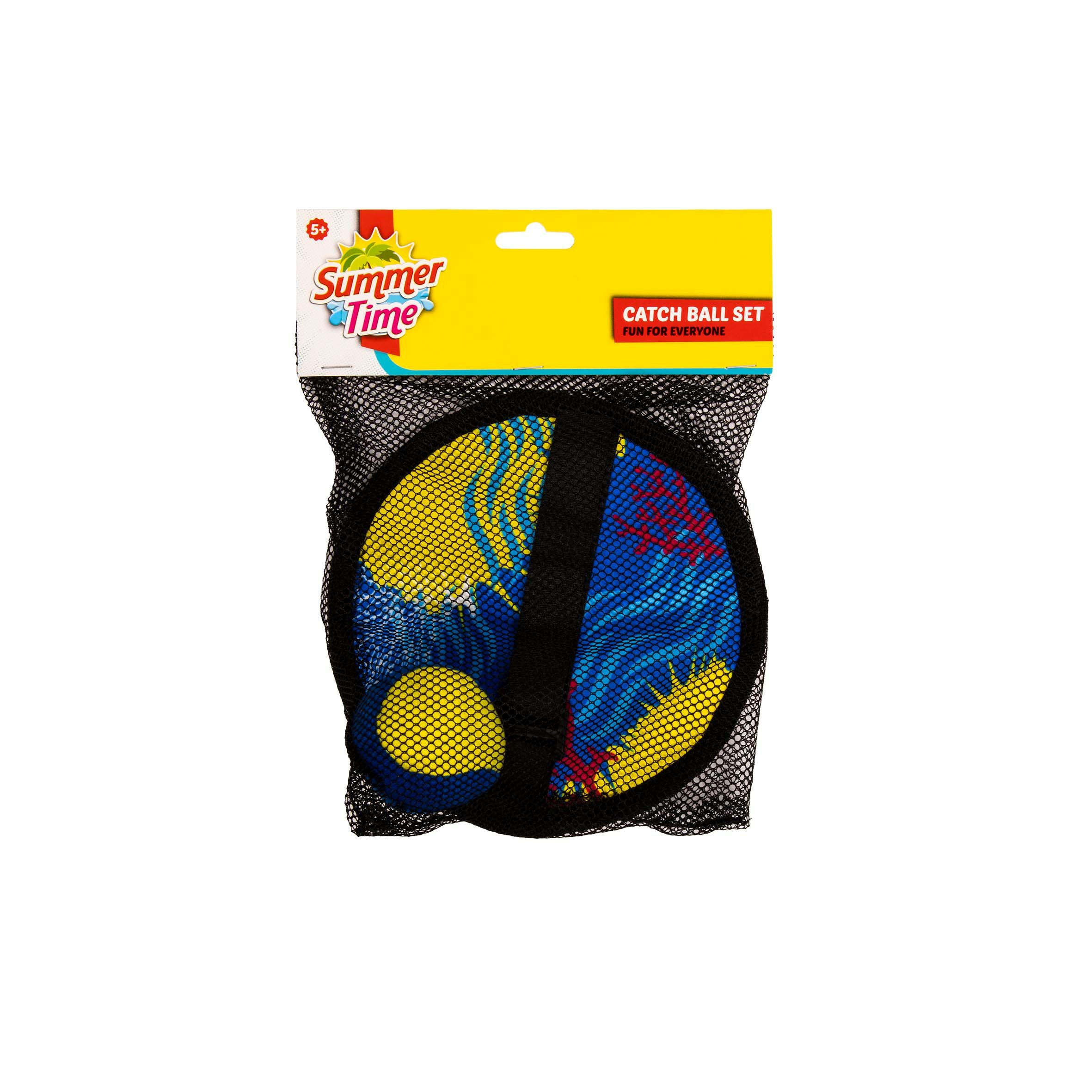 Set prendi palla in una borsa a rete nera, con due racchette blu e gialle e una palla gialla.