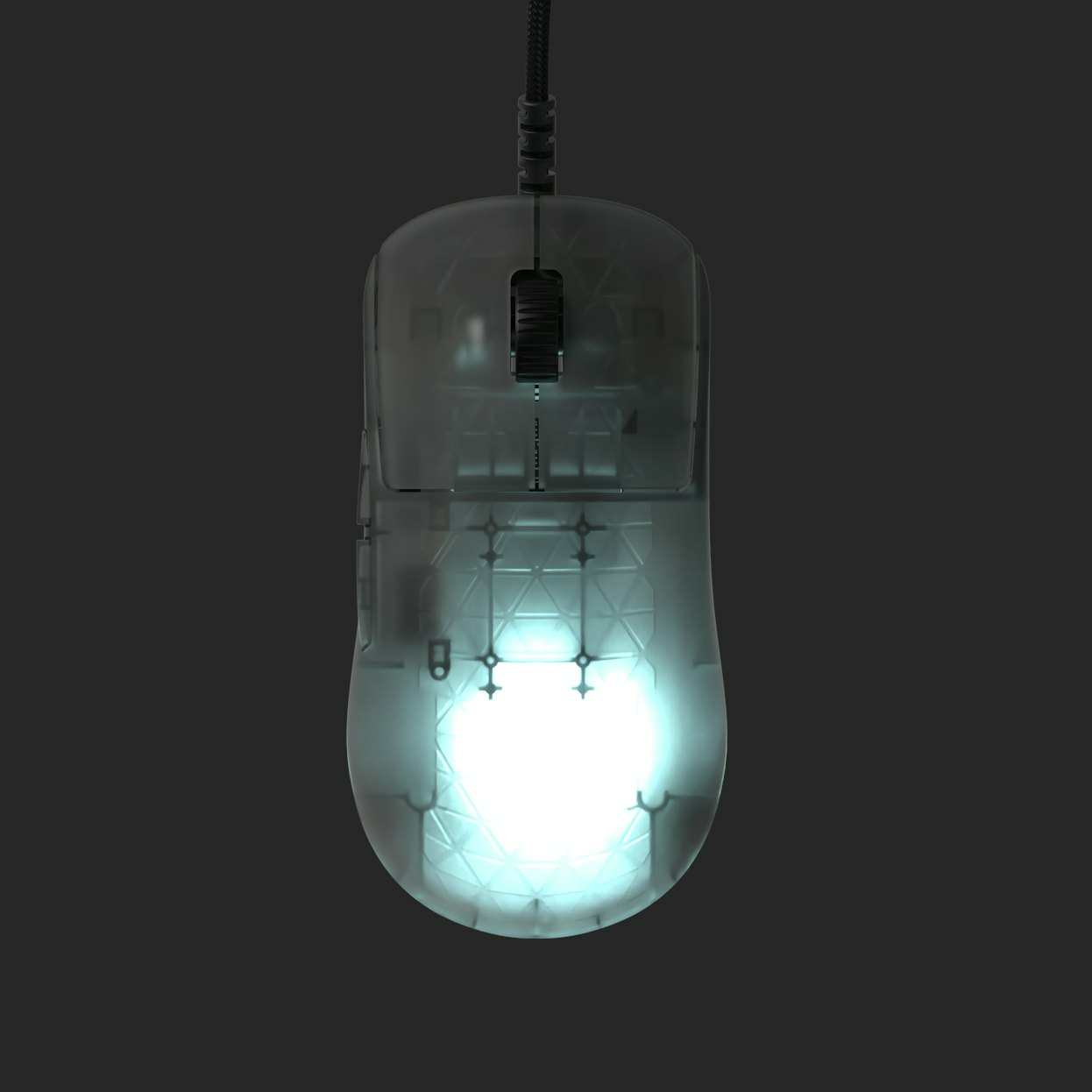Transparante gamingmuis. Interne componenten zichtbaar. Helder licht binnenin.