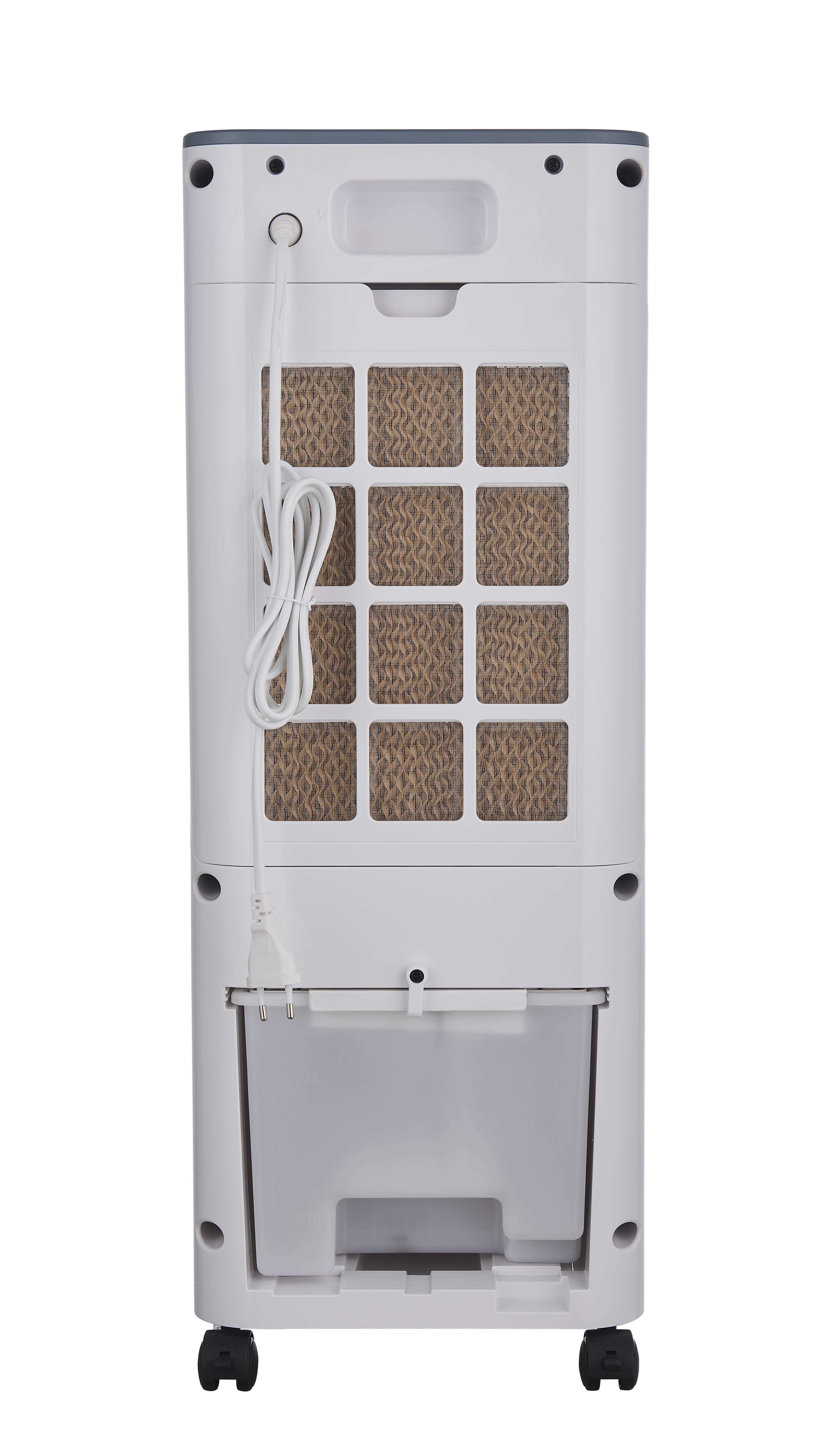 Retro di un condizionatore bianco con ventilazione, serbatoio e cavo di alimentazione.