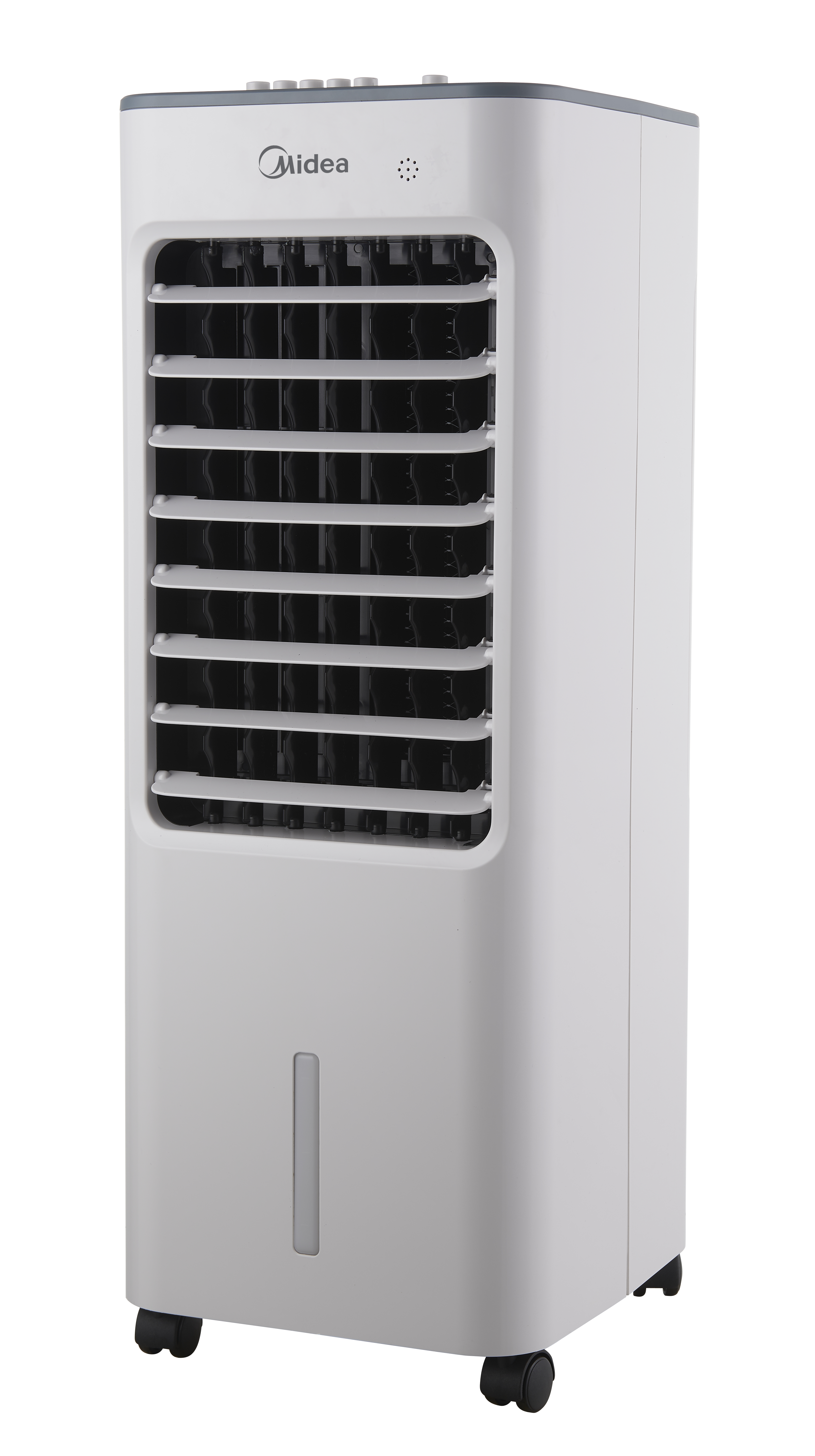 Climatizzatore Midea bianco con design verticale, prese d'aria nere e indicatore livello acqua.
