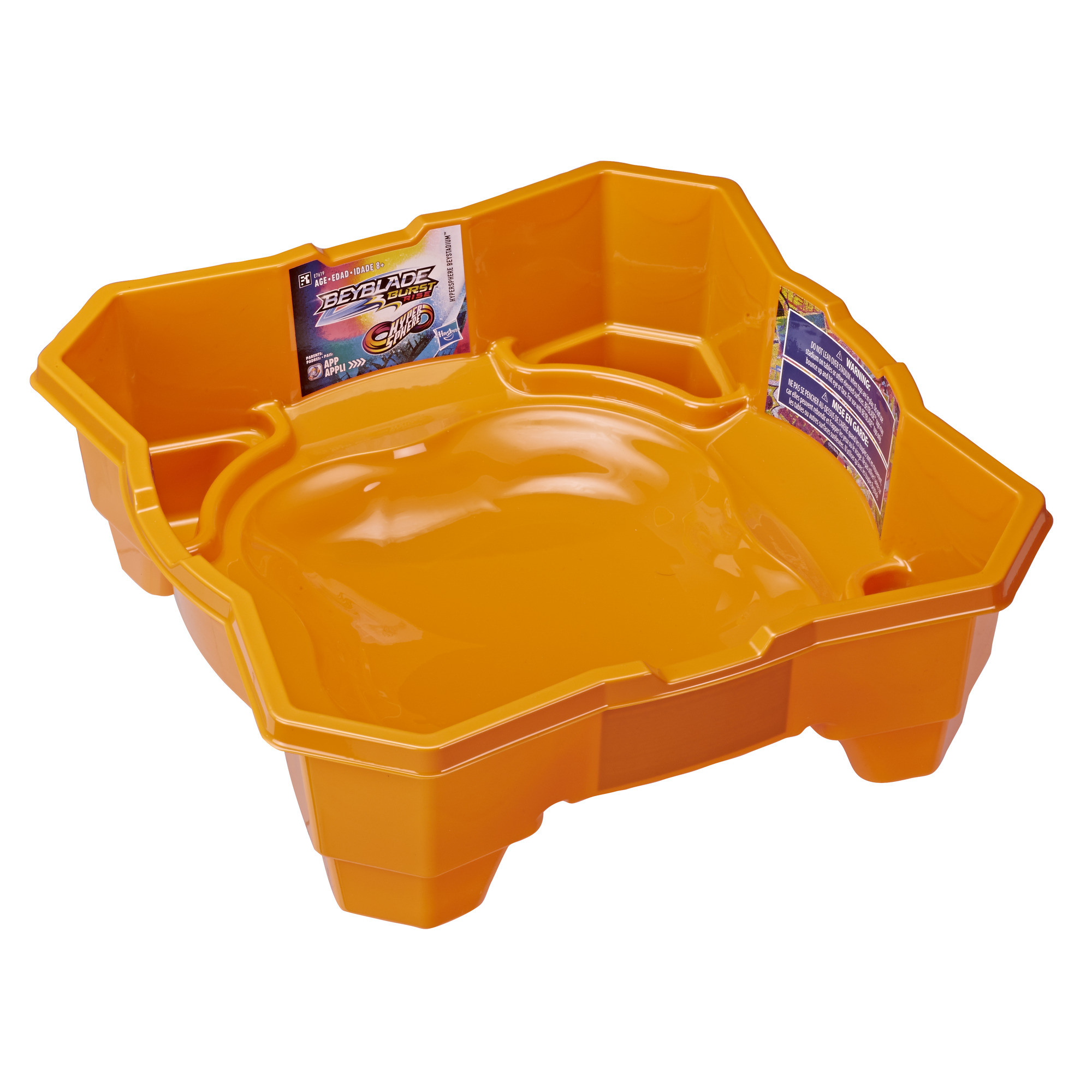 Pomarańczowa plastikowa arena do walk Beyblade z centralnym obszarem i kieszeniami.
