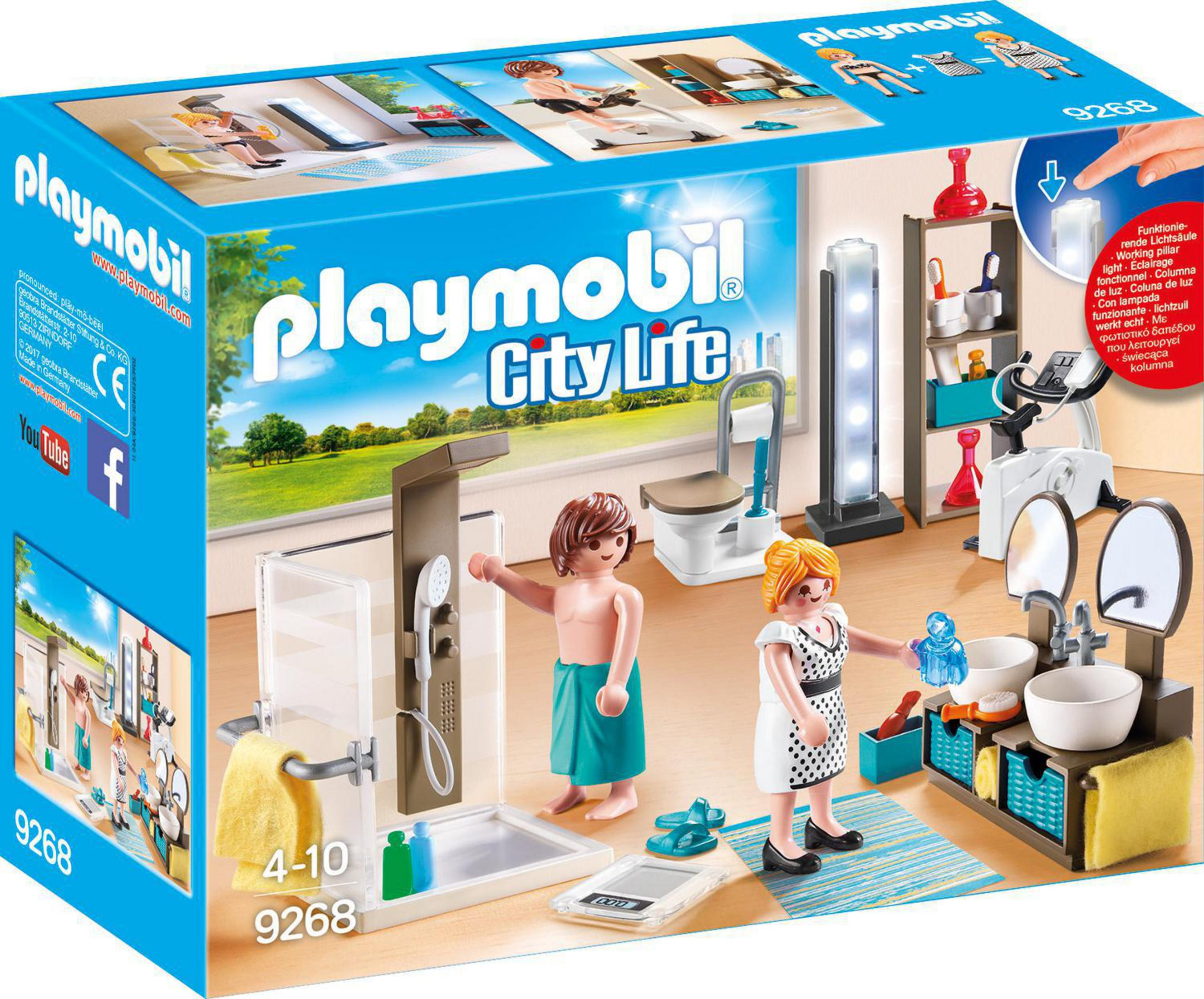 Zestaw Playmobil z sceną łazienki, figurkami i akcesoriami.
