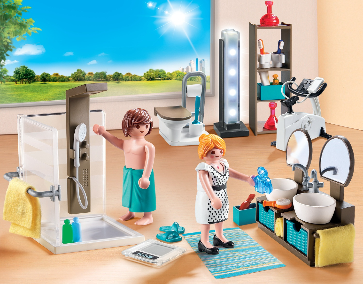 Scena łazienkowa z figurkami Playmobil. Mężczyzna pod prysznicem, kobieta przy umywalce. Akcesoria.