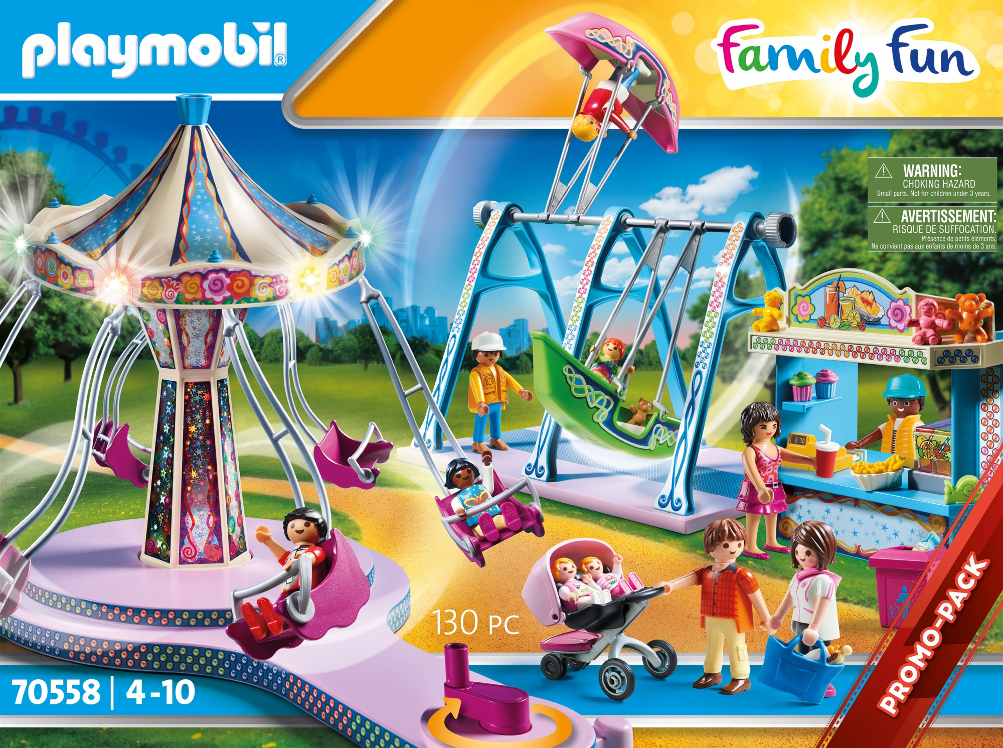 Escena de parque de atracciones Playmobil Family Fun con tiovivo y columpios.