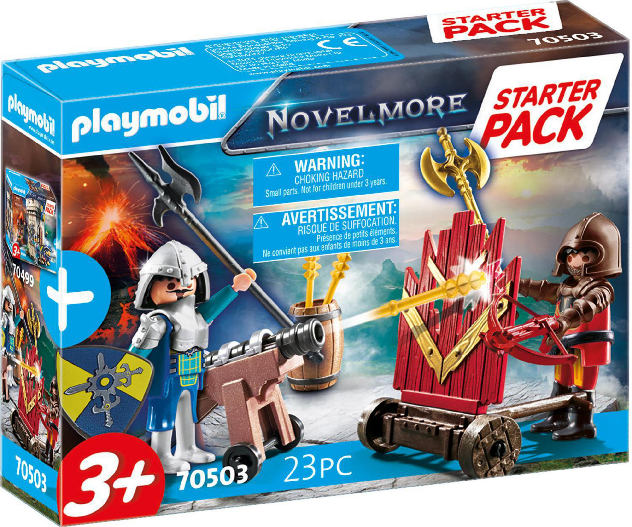 Zestaw Playmobil Novelmore z figurkami, elementami zamku i armatą.