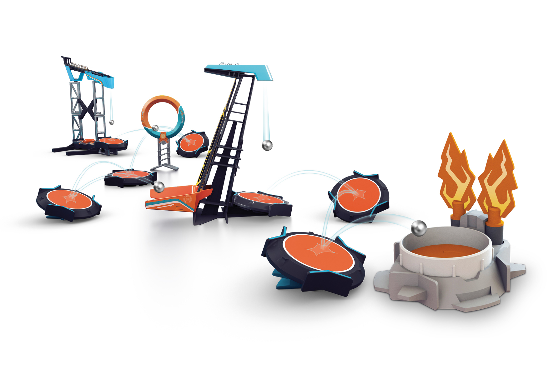 Zestaw zabawek z wieloma rampami, celami i srebrnymi kulami na białym tle.