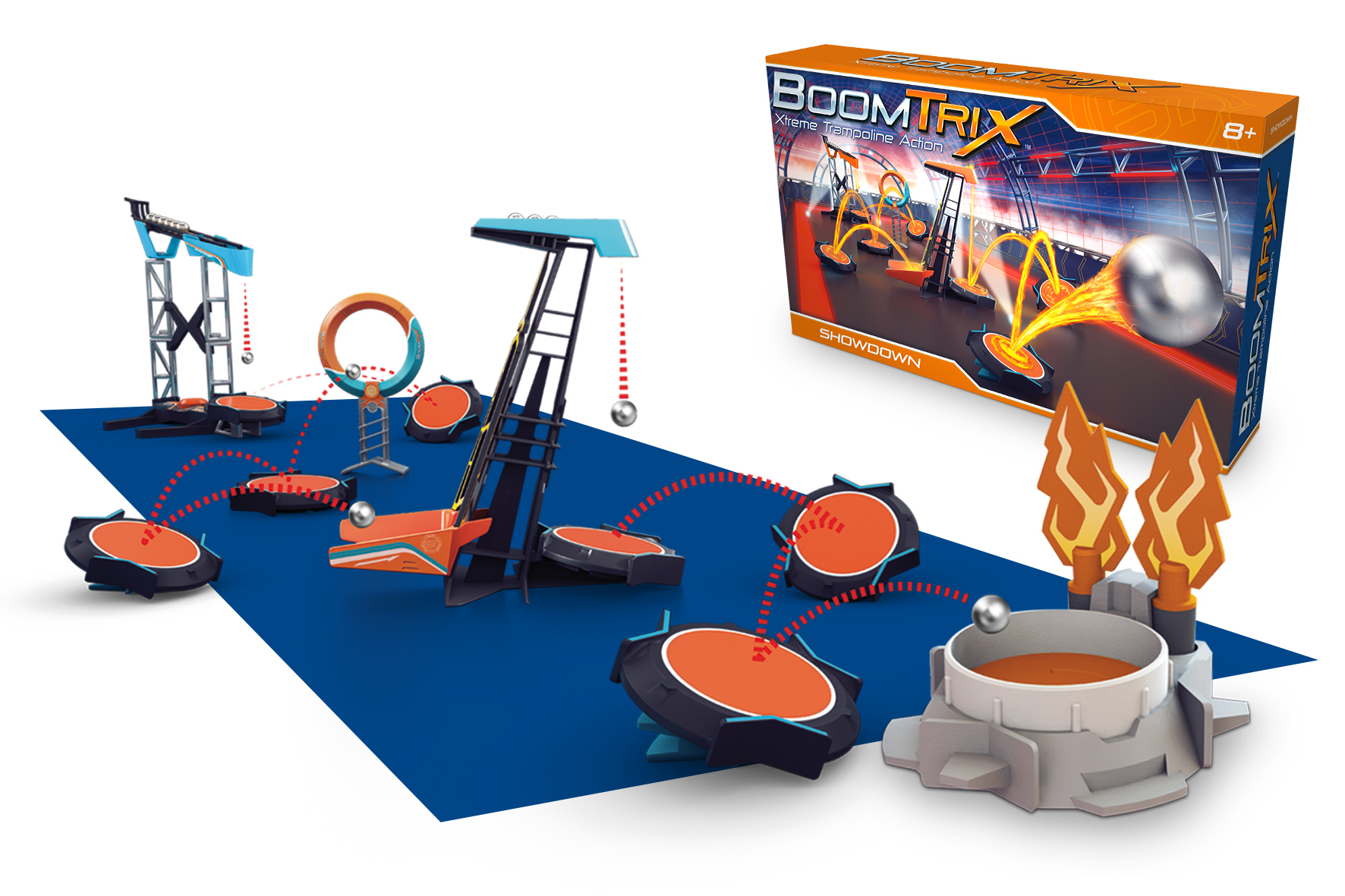 Zestaw BoomTrix Showdown z kulą, rampami i celami, z pudełkiem w rogu.