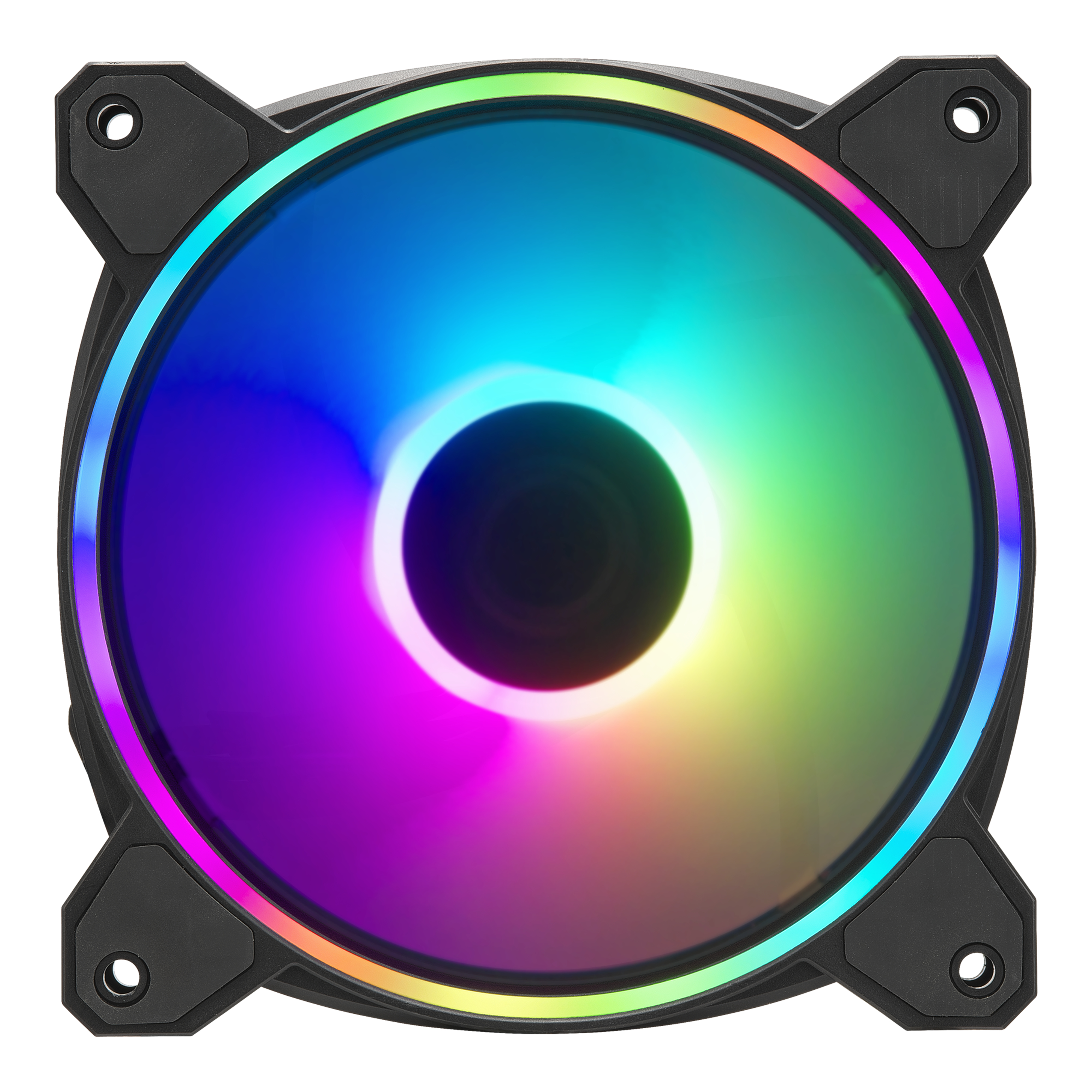 Ventola del computer con telaio nero e display luminoso colorato, simile a un arcobaleno.