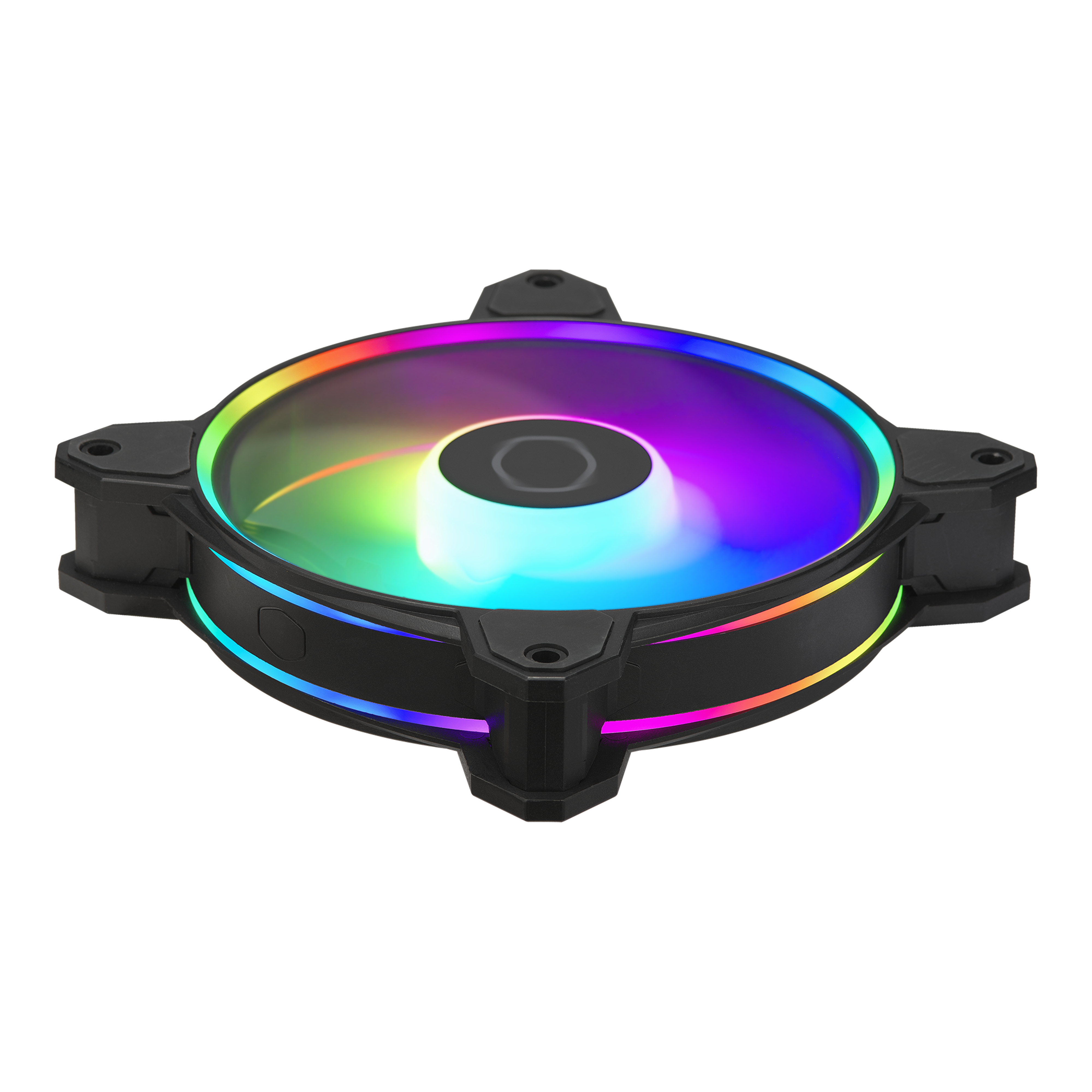 Ventola per computer nera con luci a LED multicolore. Ha una forma circolare e un telaio in plastica nera.