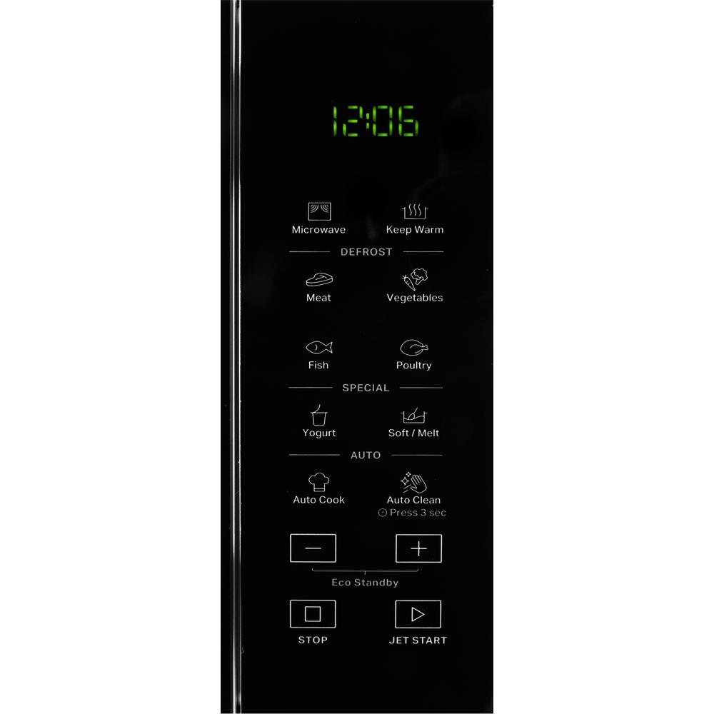 Panel sterowania kuchenki mikrofalowej z wyświetlaczem czasu. Pokazuje przyciski do kuchenki, rozmrażania i funkcji specjalnych.