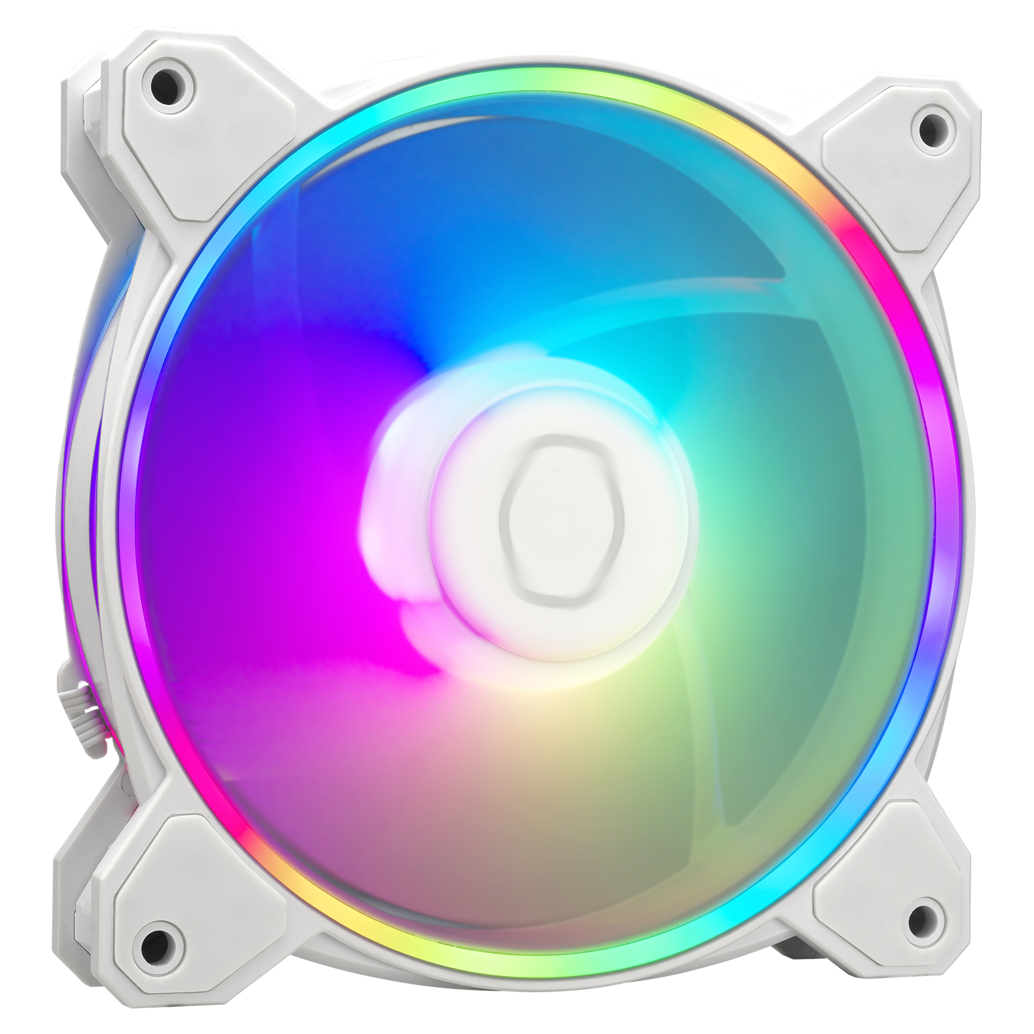 Ventilateur blanc avec lumières arc-en-ciel, vue rapprochée. Montre les pales du ventilateur, le cadre et les points de montage.