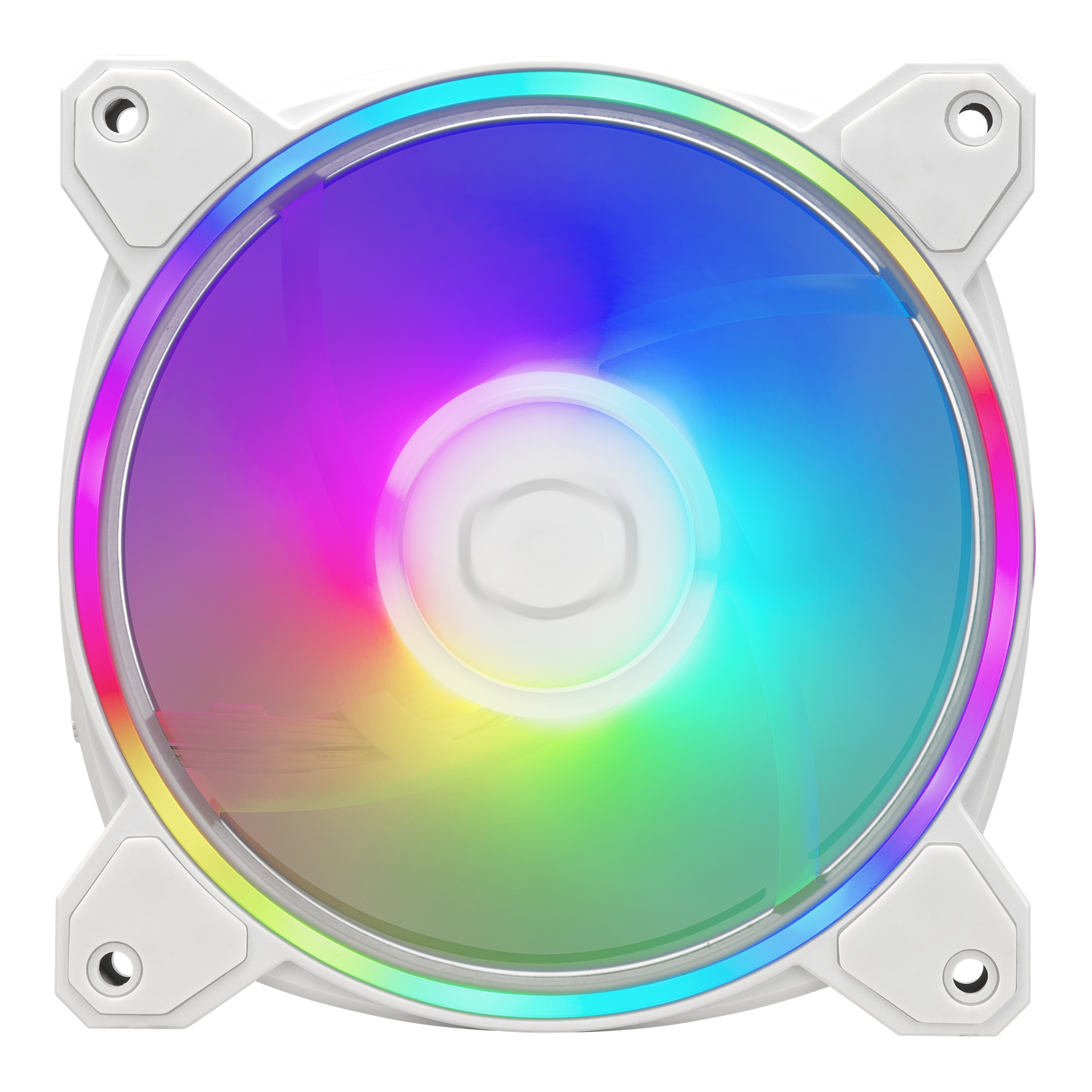 Ventilateur blanc avec lumières LED arc-en-ciel, vue de dessus. Montre les pales du ventilateur et les points de montage.