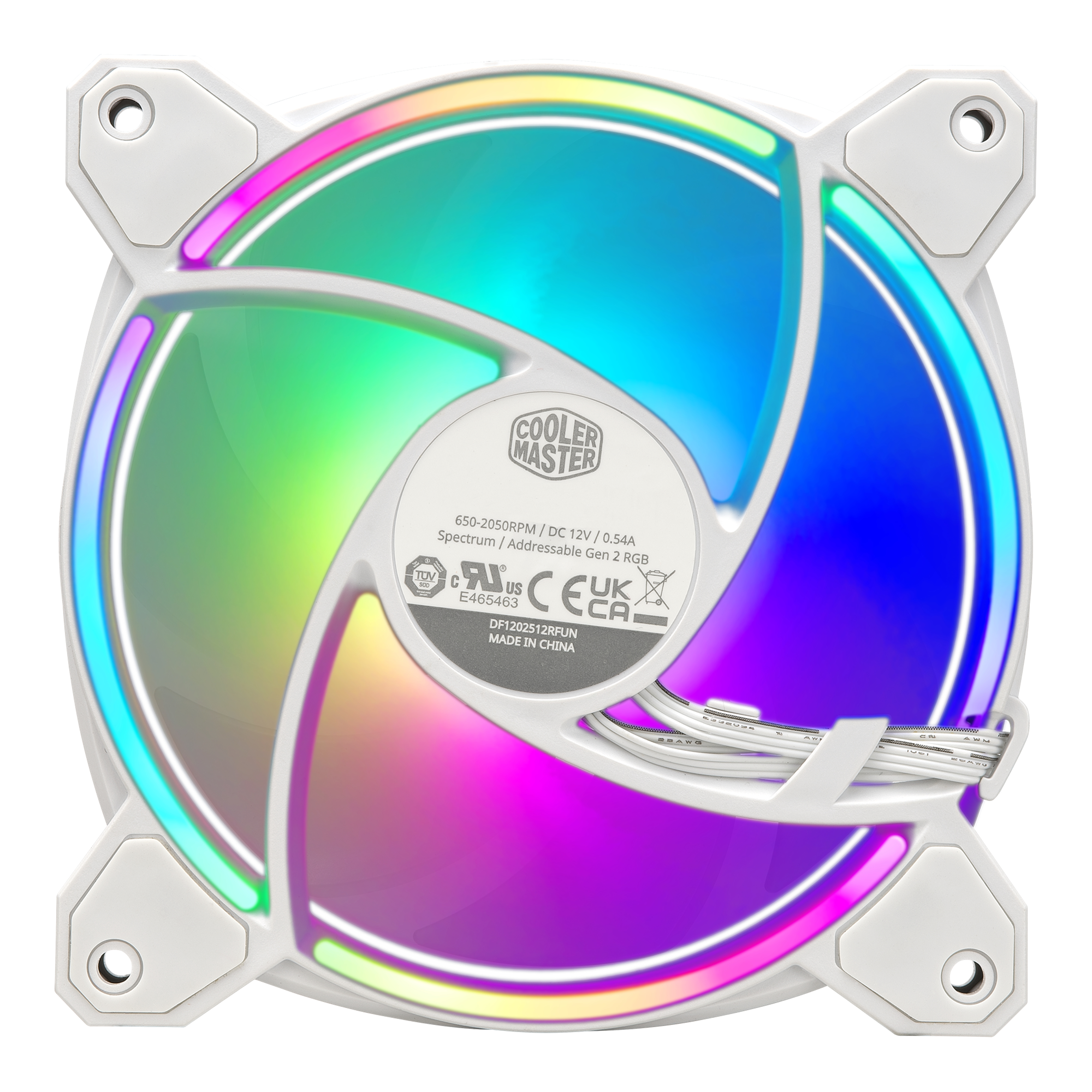 Ventilateur avec cadre blanc et lumières LED arc-en-ciel. Le dos montre les détails du fabricant et le modèle.