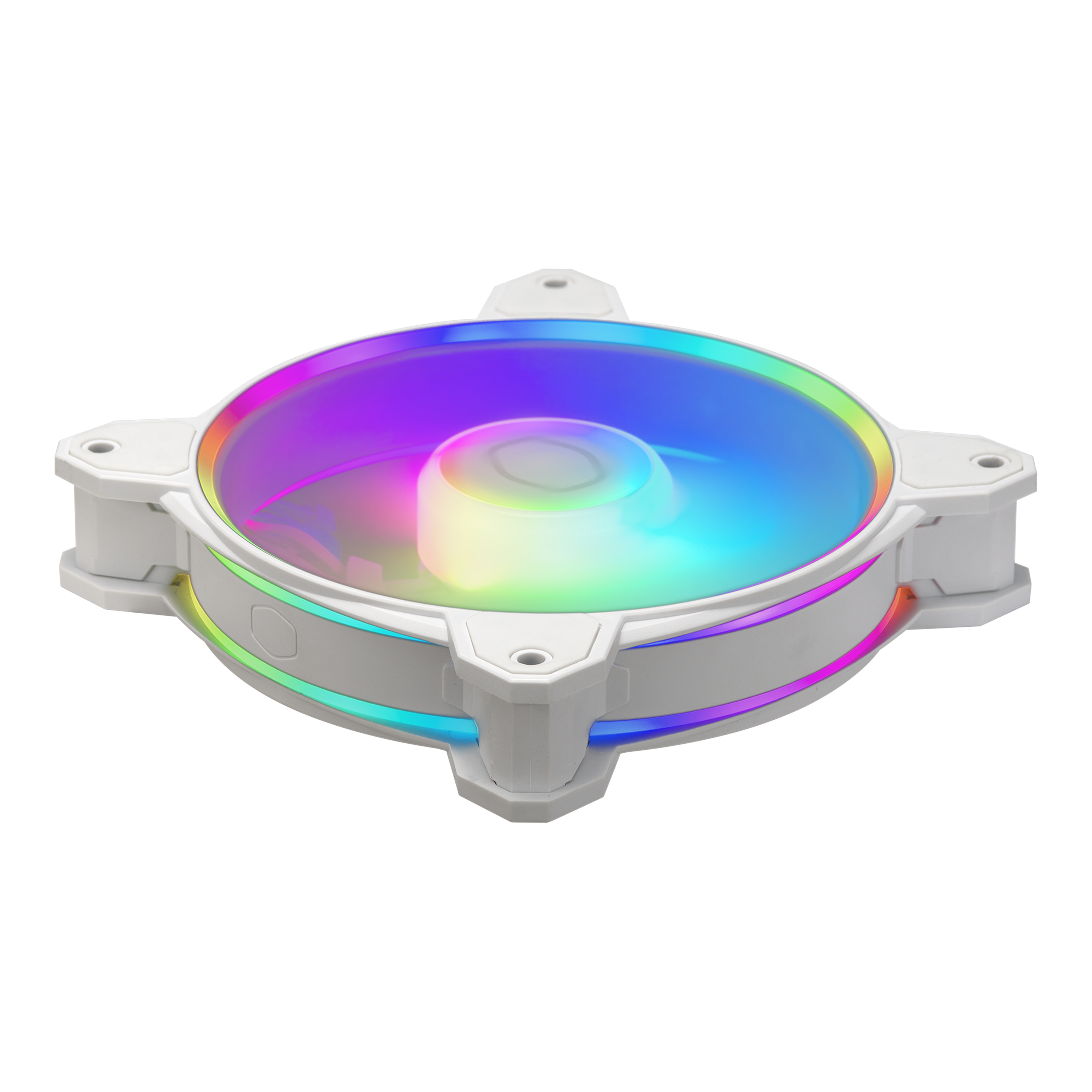 Ventilateur blanc avec éclairage LED arc-en-ciel. Le ventilateur a quatre points de montage et un moyeu central.