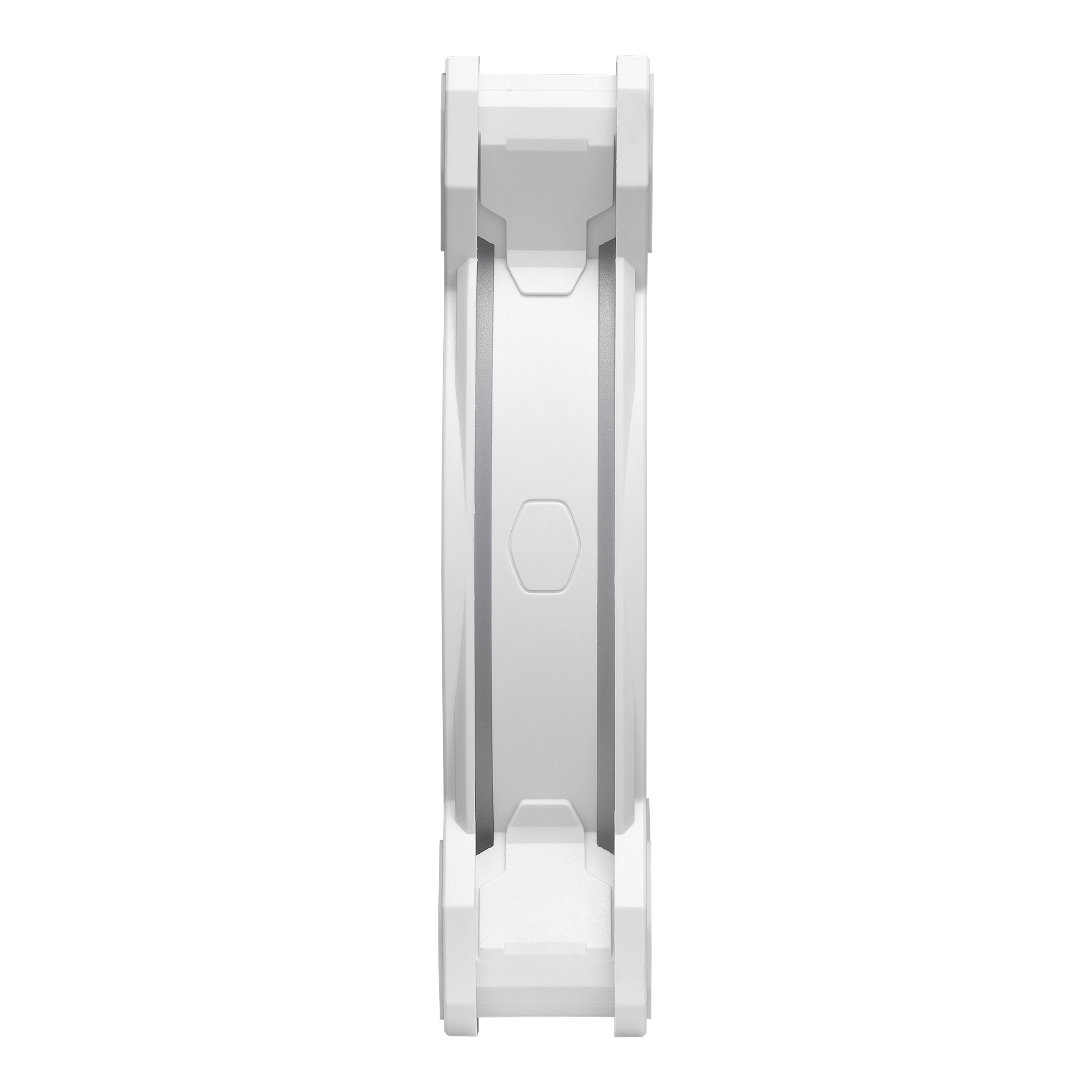Ventilateur blanc, vue latérale. Comprend un cadre blanc avec une encoche hexagonale centrale et des points de montage.