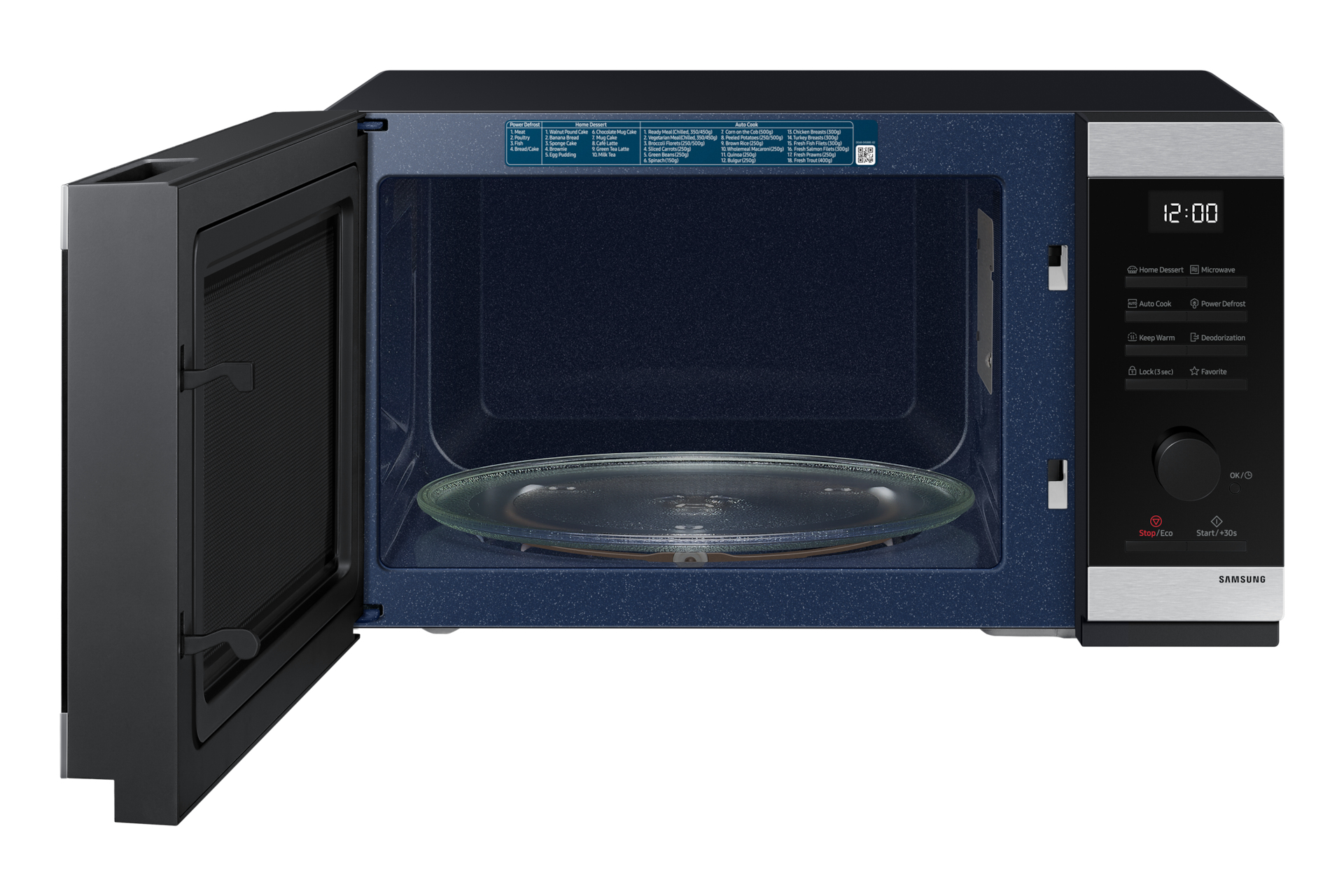 Un forno a microonde Samsung nero e blu con la porta aperta, che mostra l'interno e un piatto di vetro. L'ora è 12:00.